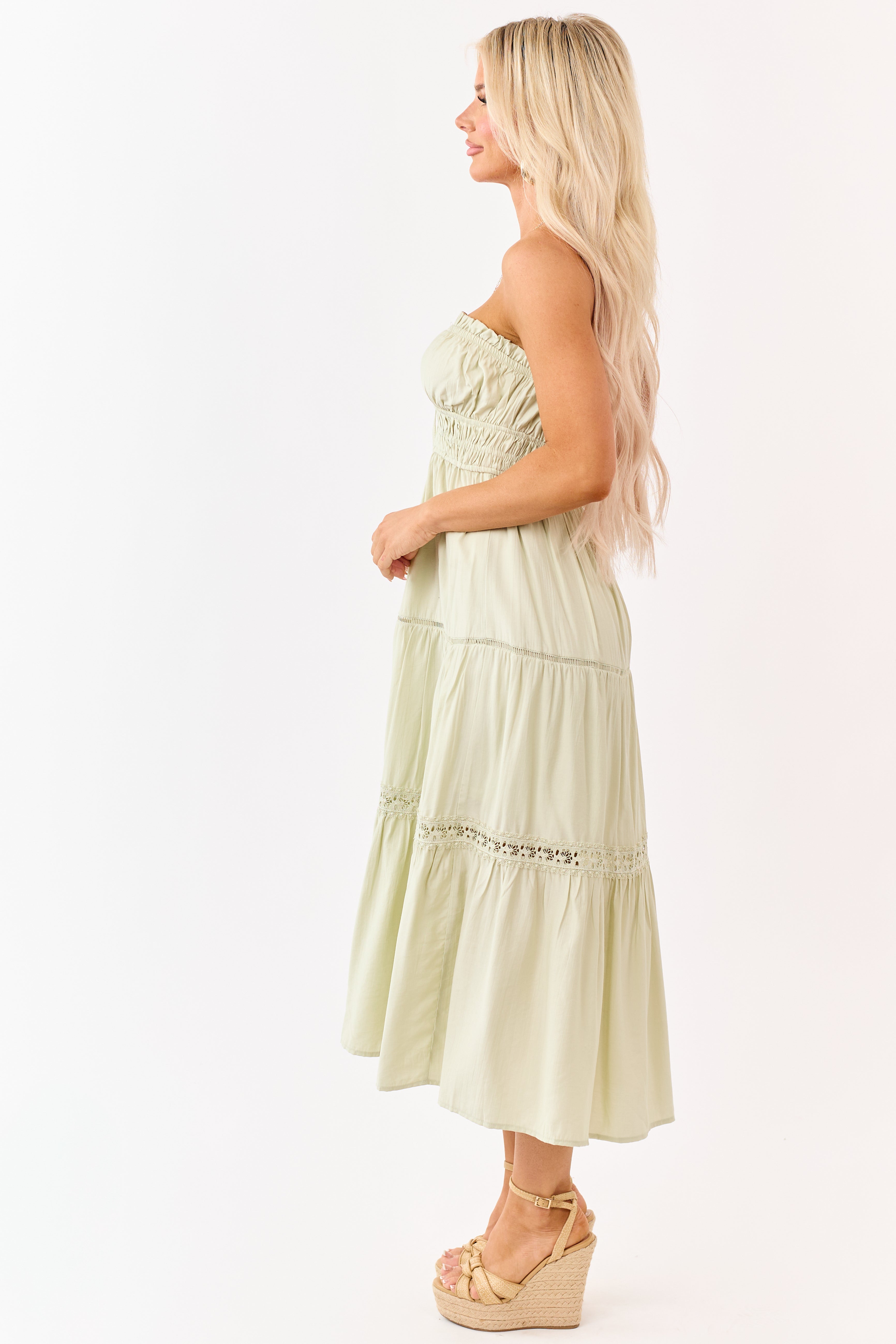 Sage Strapless Tiered Lace Shirred Waist Midi Dress
