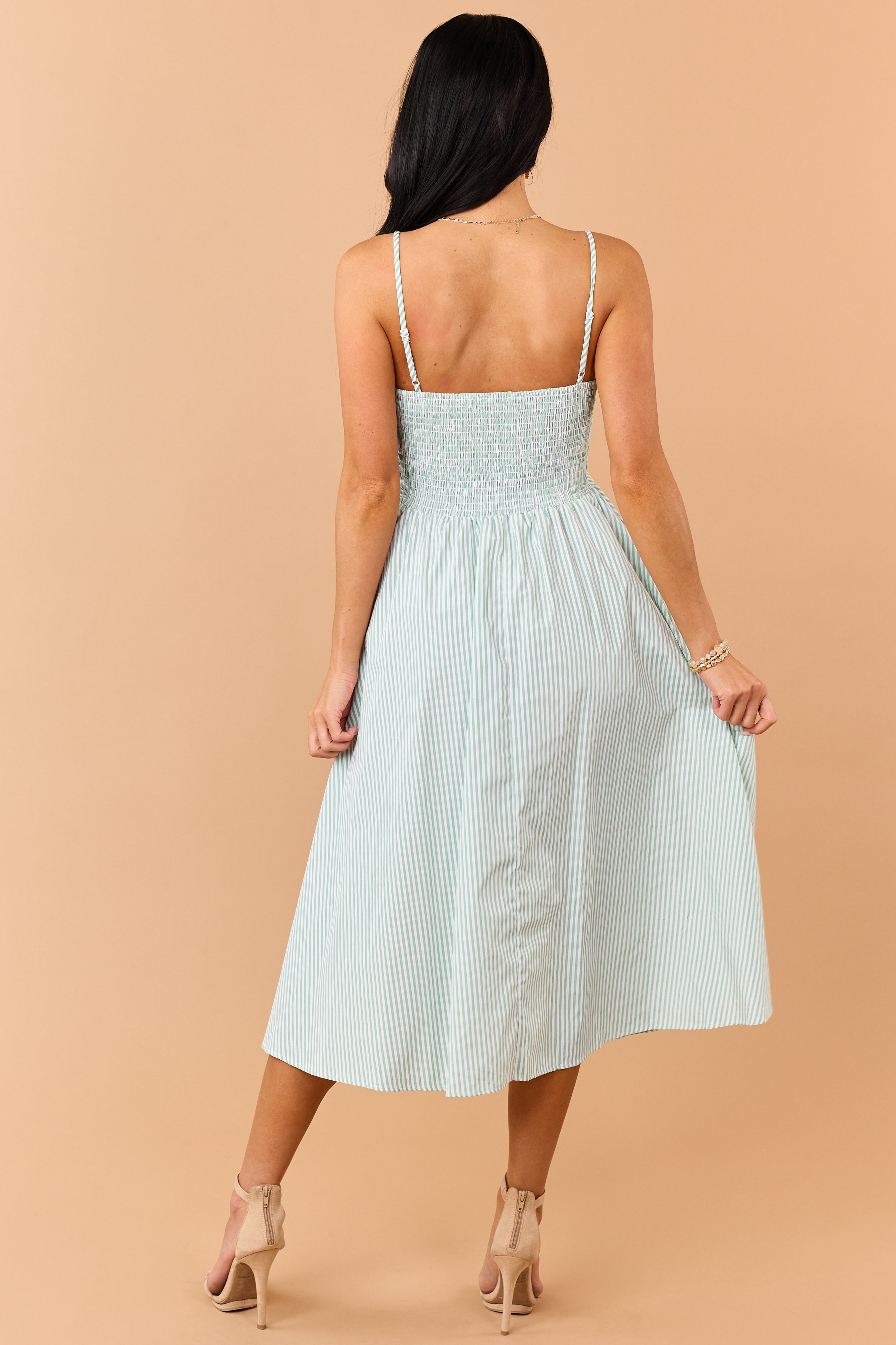 Sage Striped Smocked Back Sleeveless Midi Dress