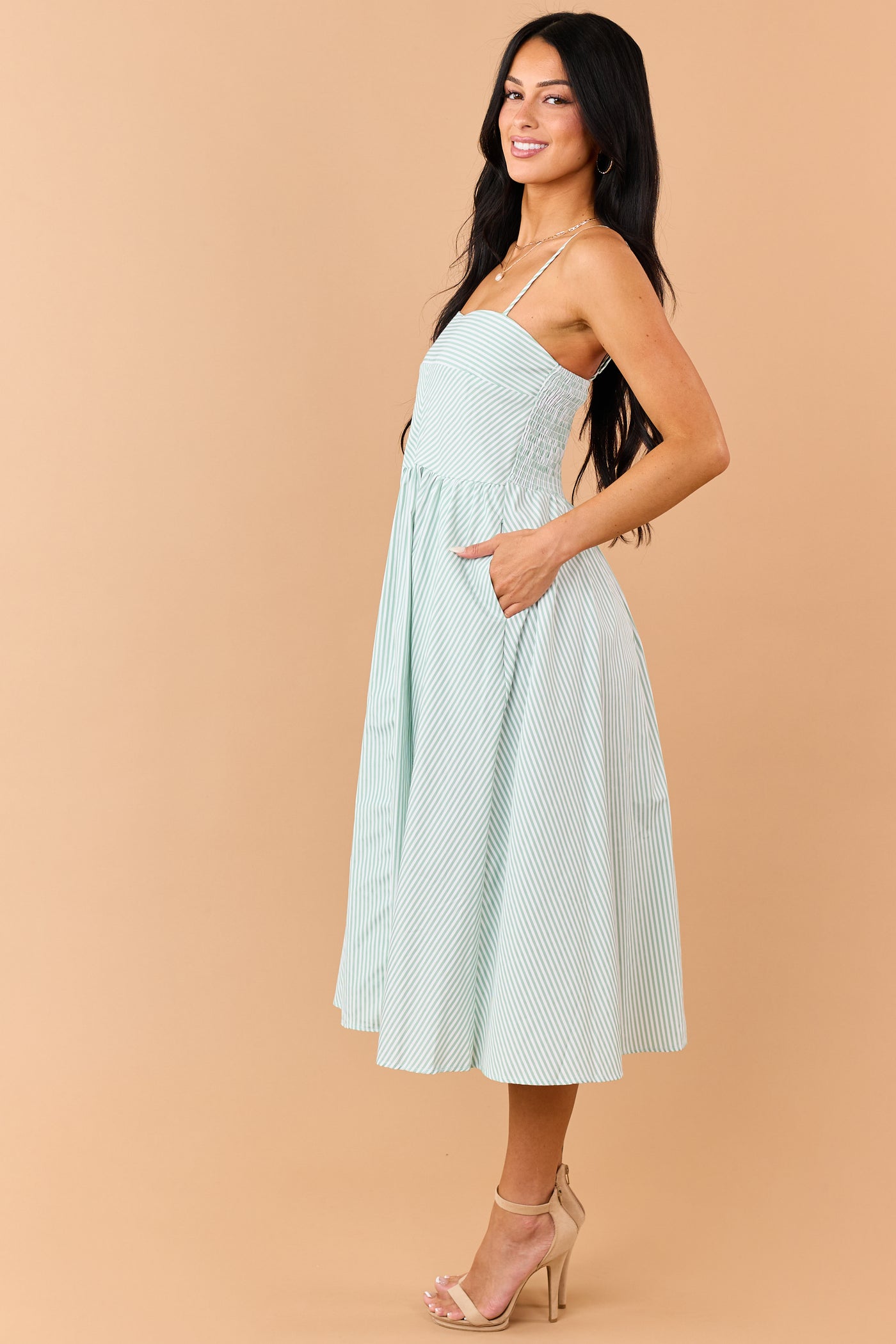Sage Striped Smocked Back Sleeveless Midi Dress