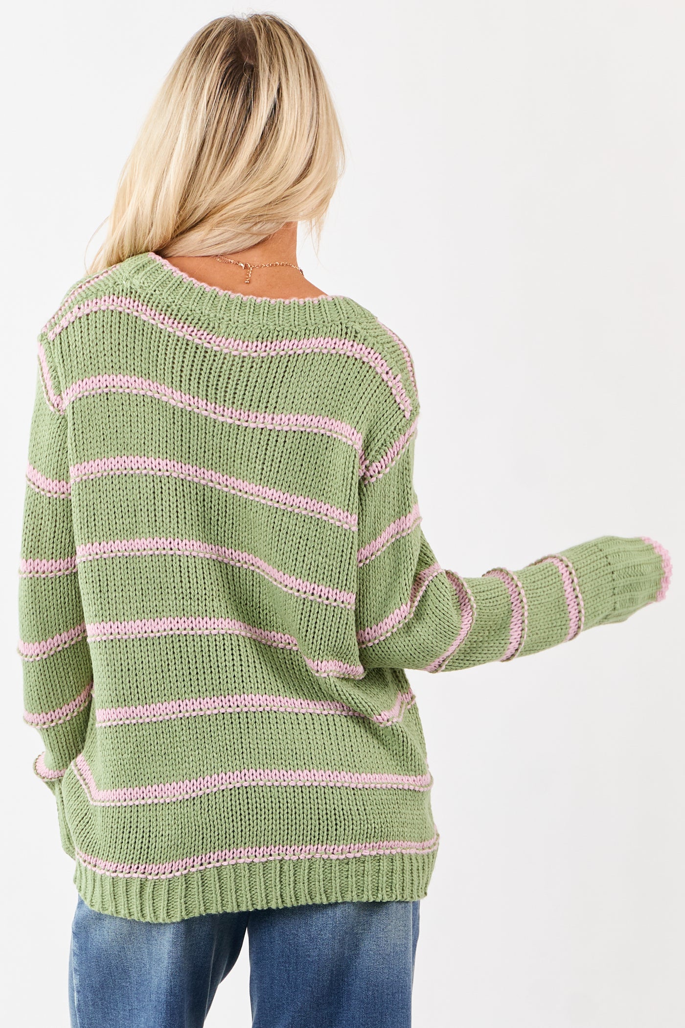 Sage Striped V-Neck Knit Pullover Sweater