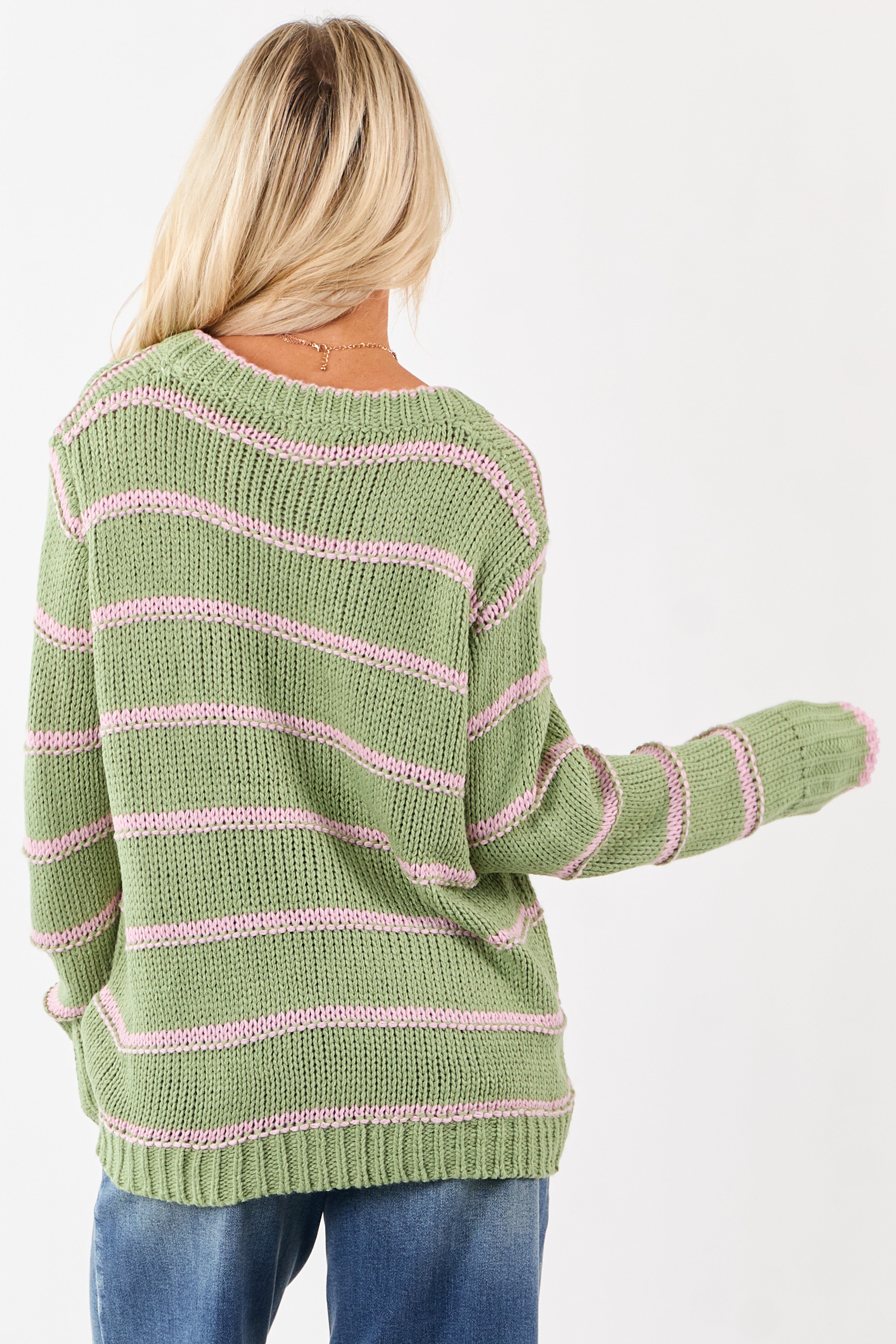 Sage Striped V-Neck Knit Pullover Sweater