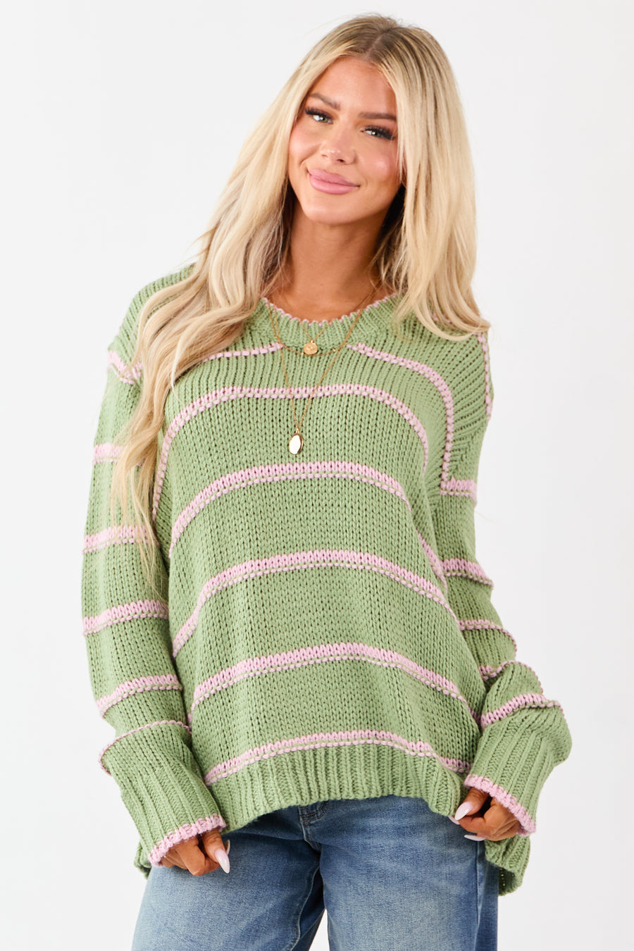 Sage Striped V-Neck Knit Pullover Sweater
