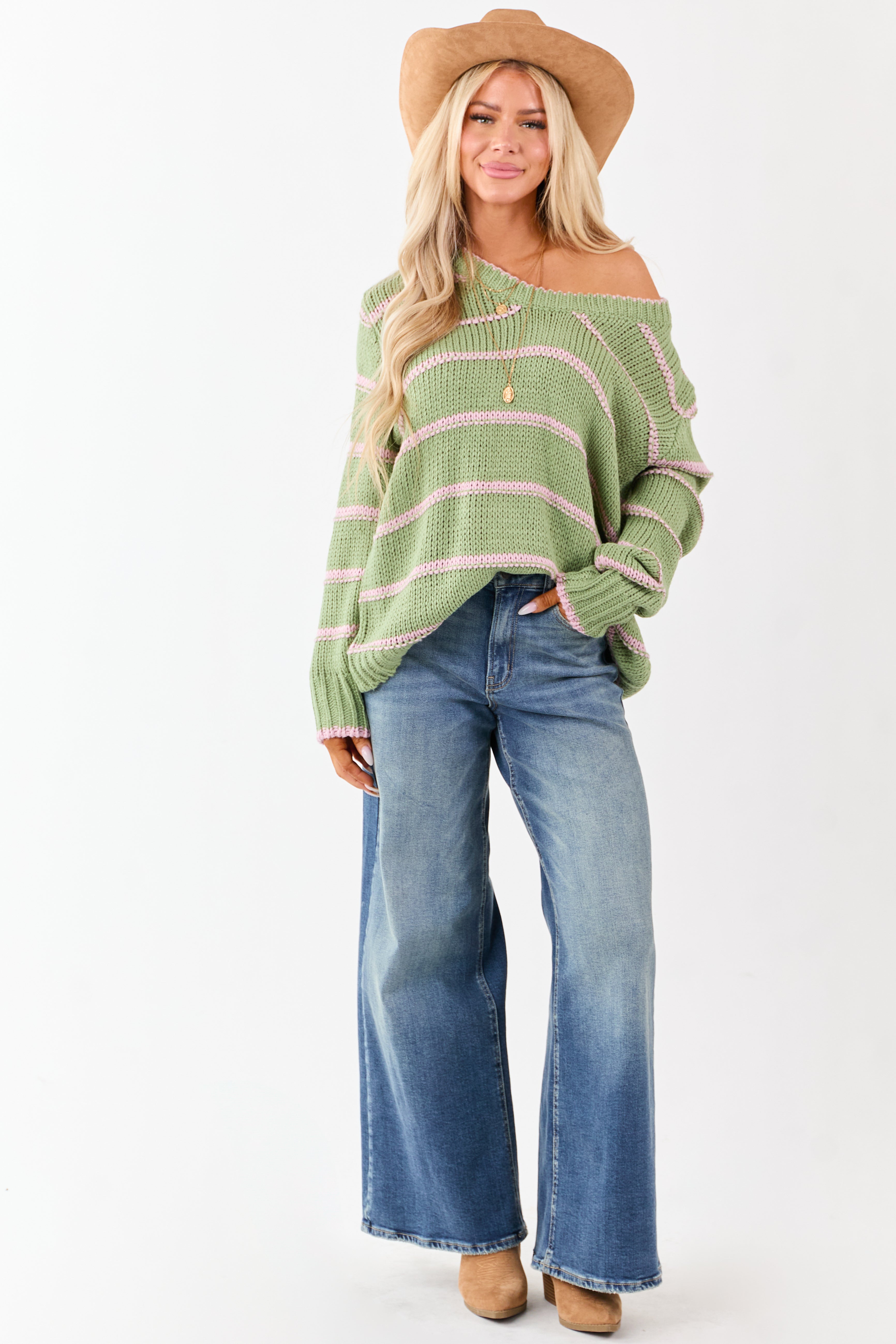 Sage Striped V-Neck Knit Pullover Sweater