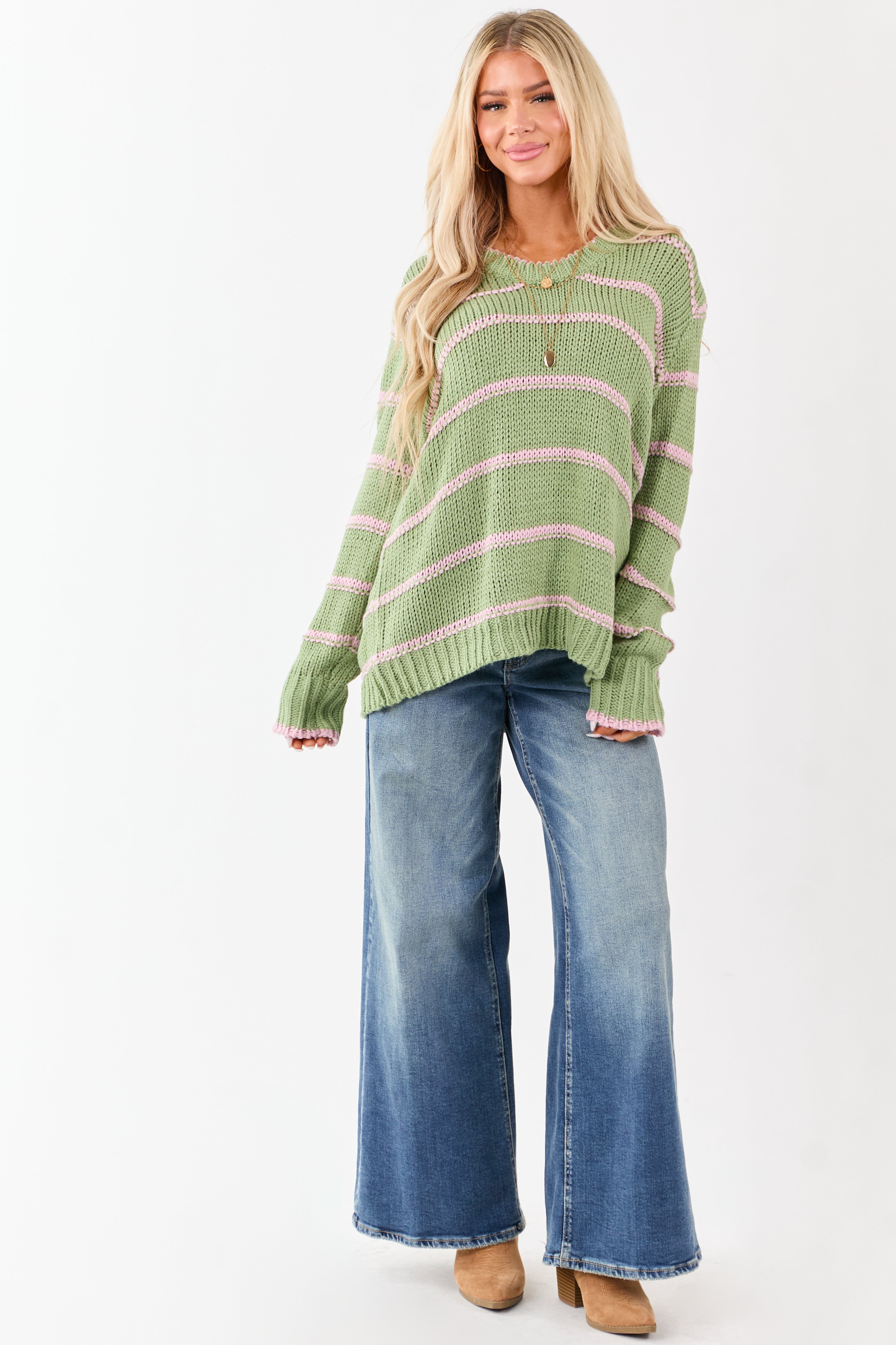 Sage Striped V-Neck Knit Pullover Sweater