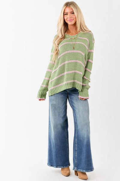 Sage Striped V-Neck Knit Pullover Sweater