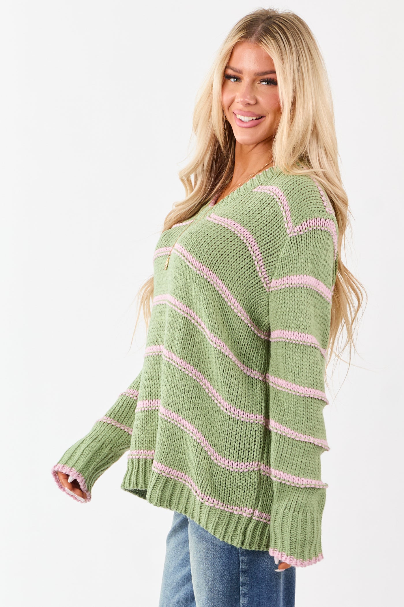 Sage Striped V-Neck Knit Pullover Sweater