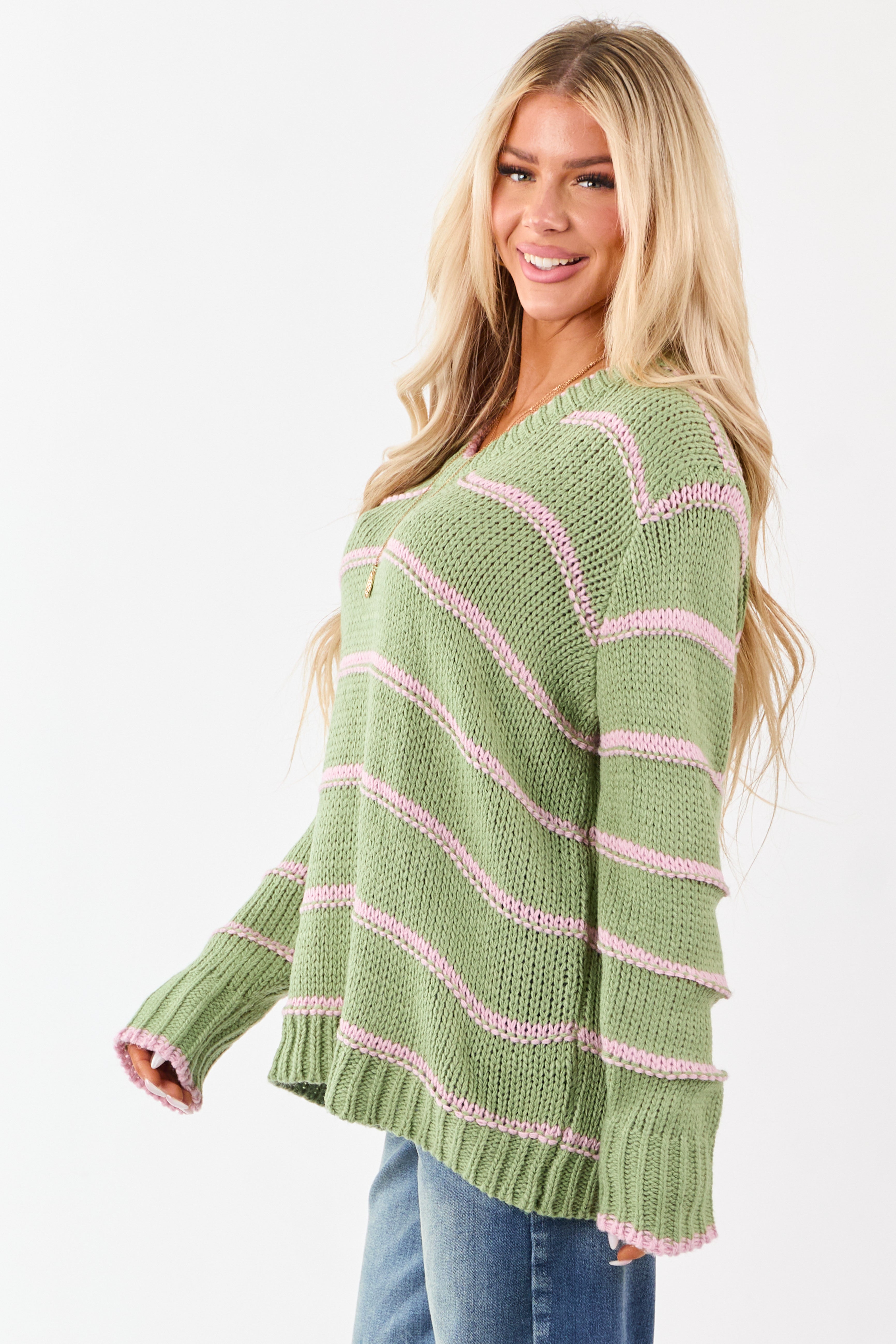 Sage Striped V-Neck Knit Pullover Sweater