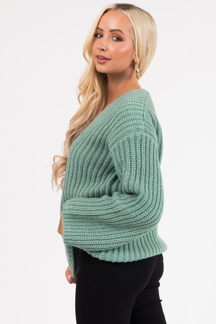 Sage V Neck Cozy Thick Knit Sweater