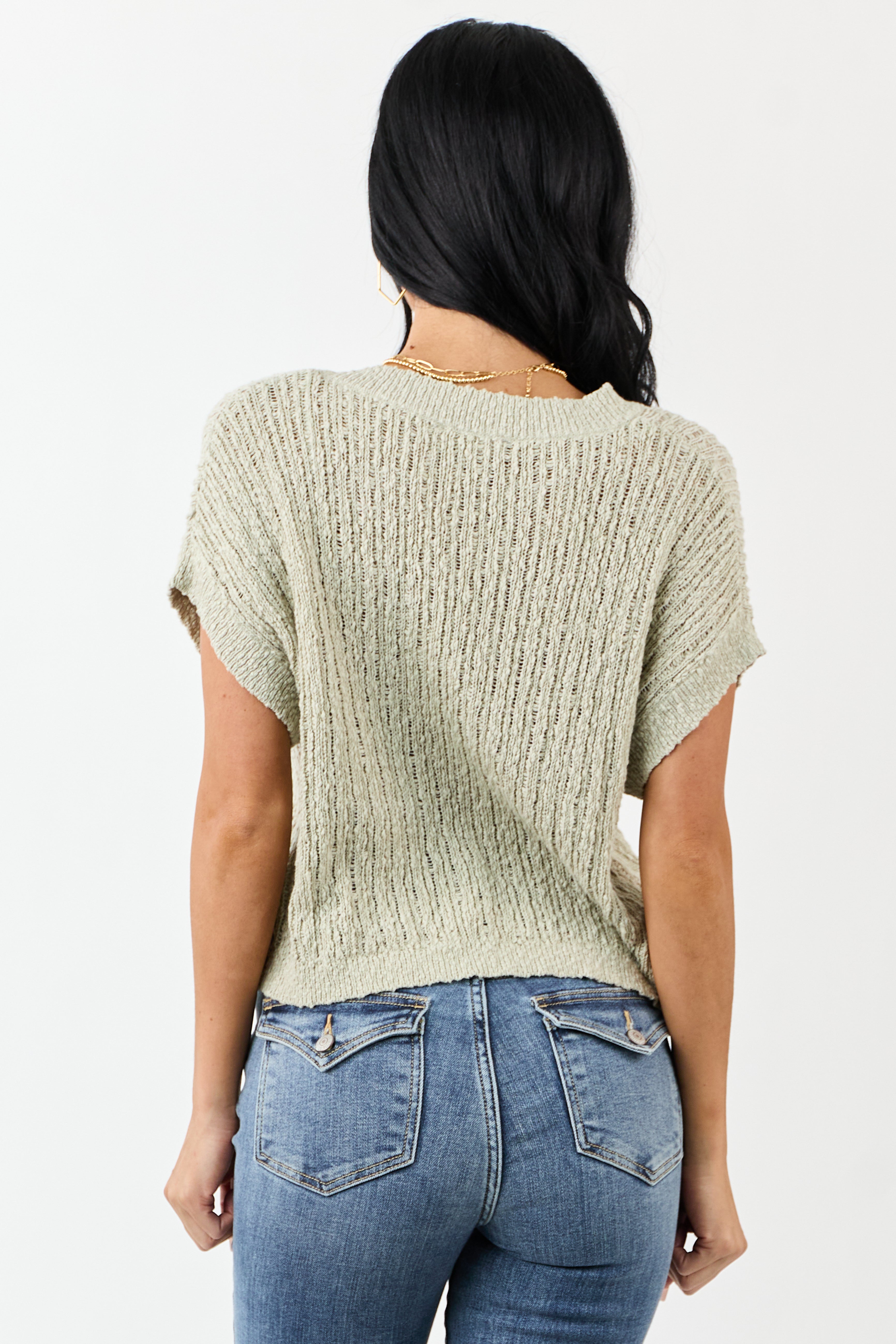 Sage V Neck Short Sleeve Cotton Sweater Top