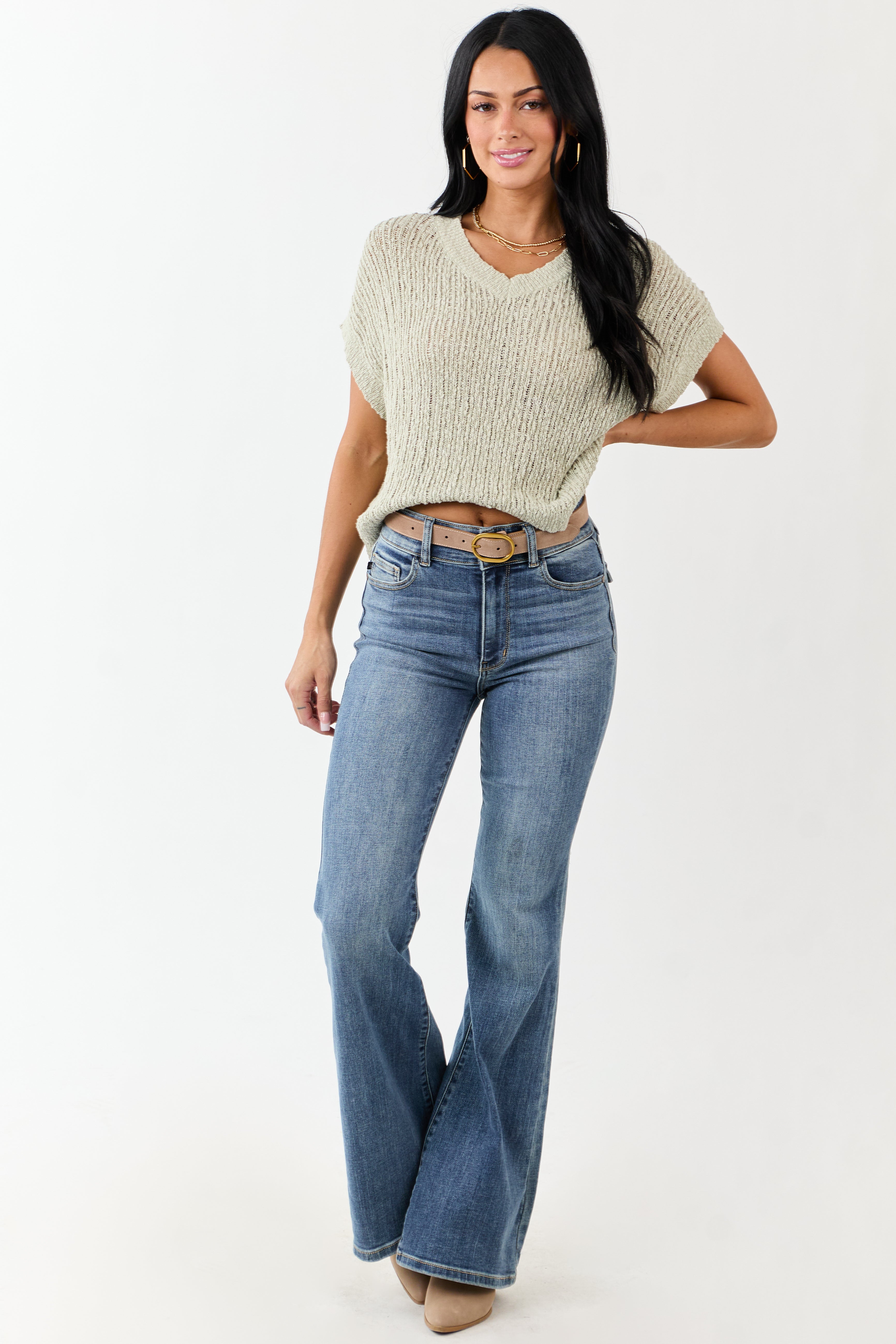 Sage V Neck Short Sleeve Cotton Sweater Top