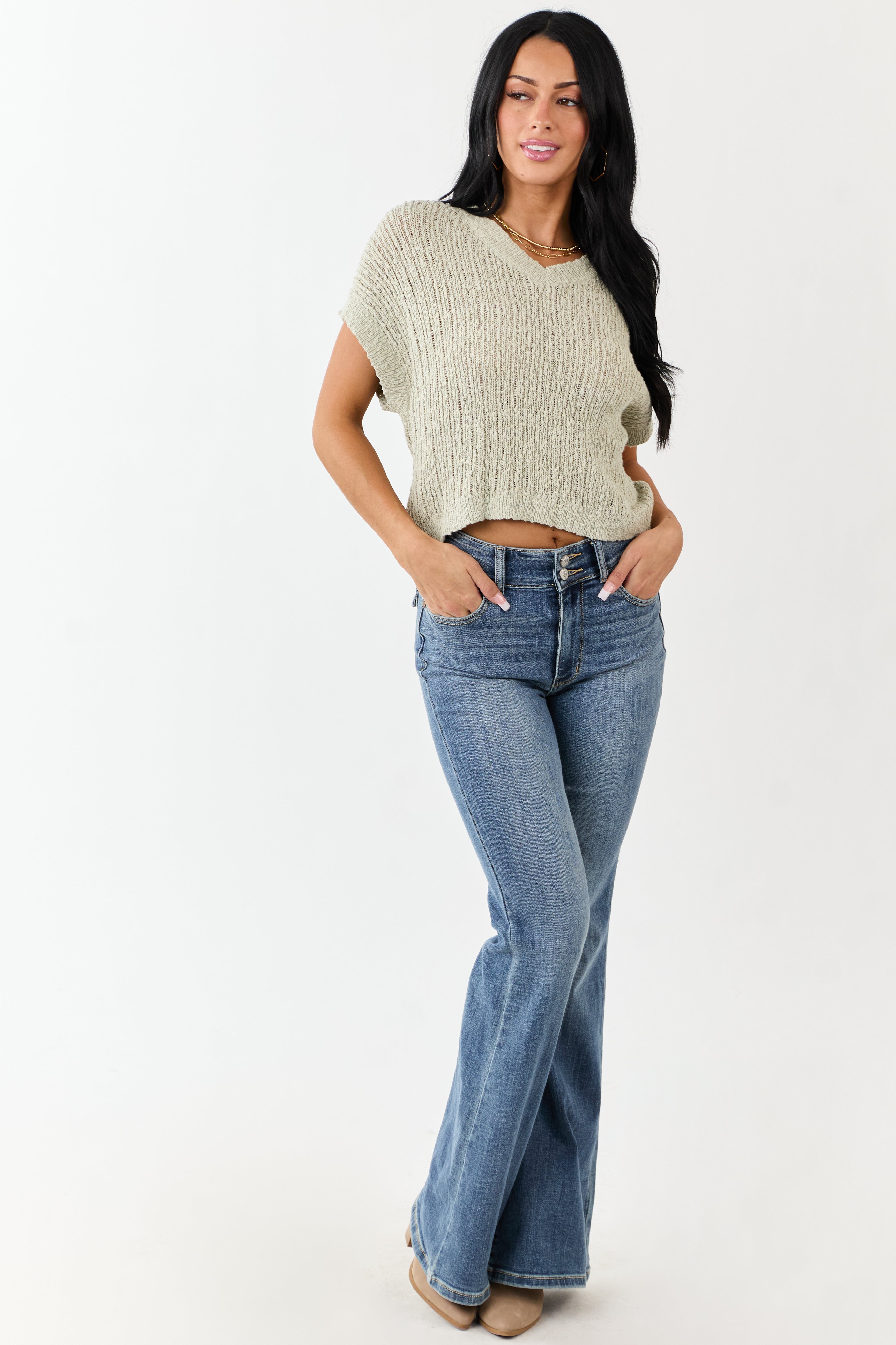 Sage V Neck Short Sleeve Cotton Sweater Top
