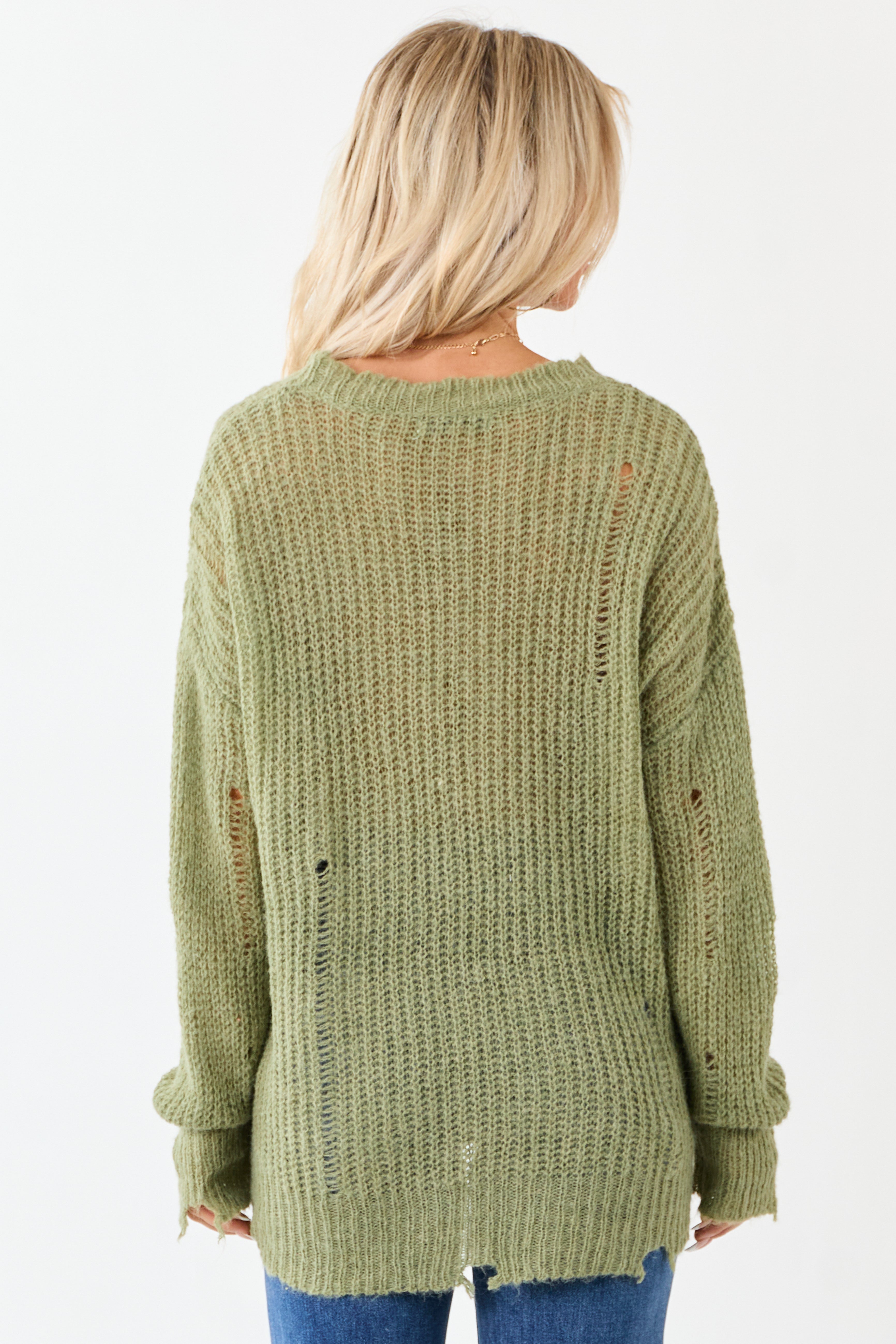 Sage Wool Blend Distressed Ribbed Knit Sweater