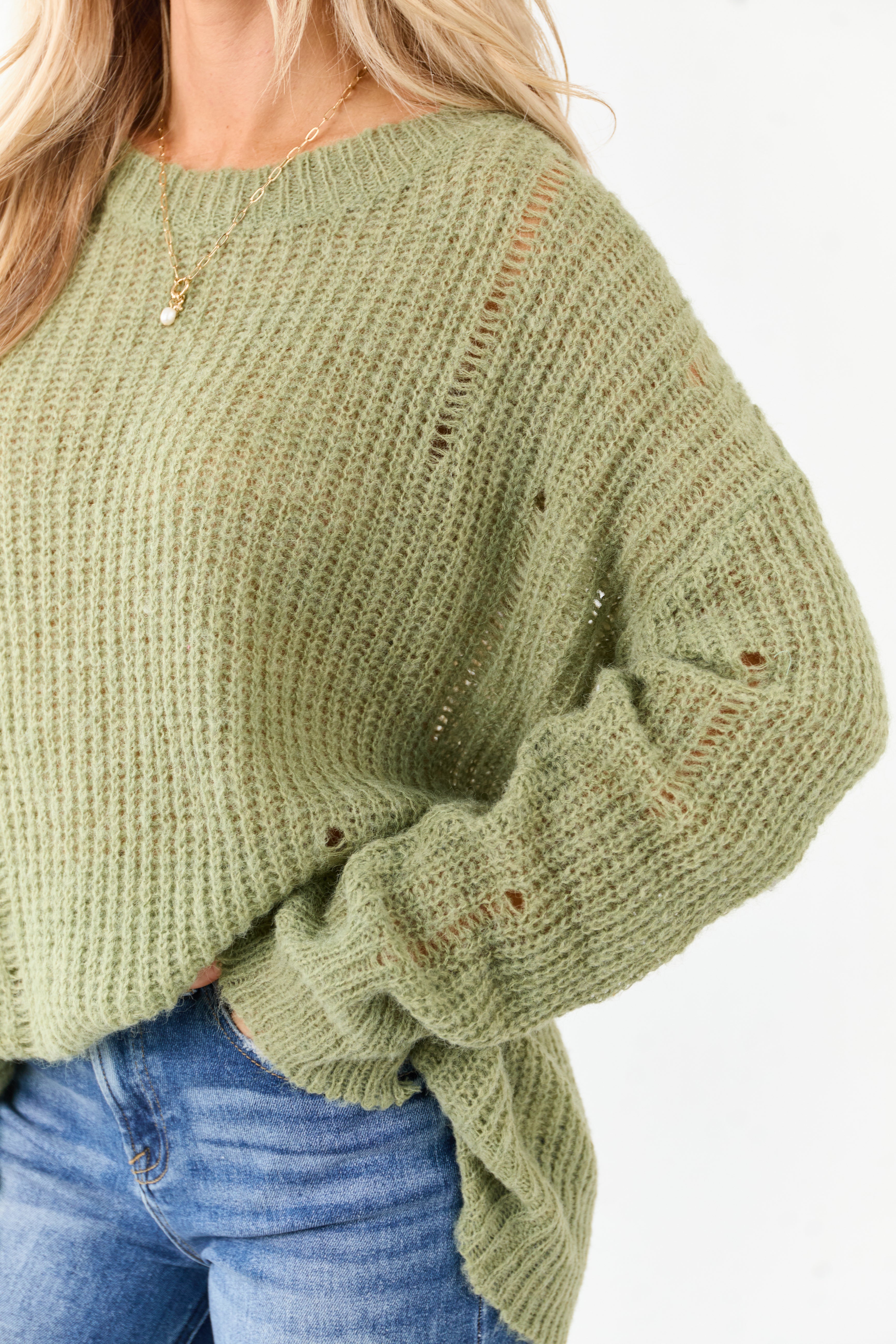 Sage Wool Blend Distressed Ribbed Knit Sweater