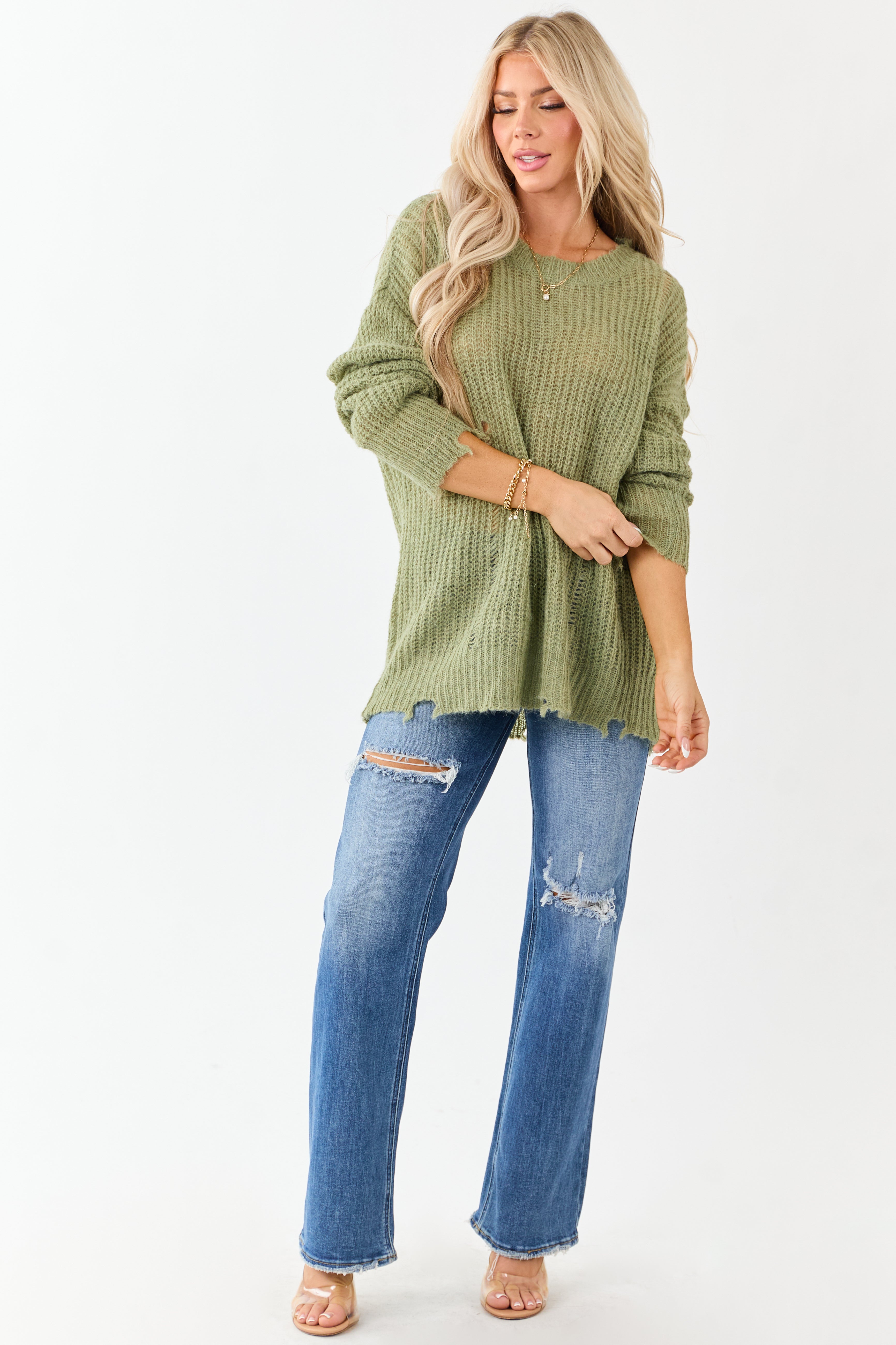 Sage Wool Blend Distressed Ribbed Knit Sweater