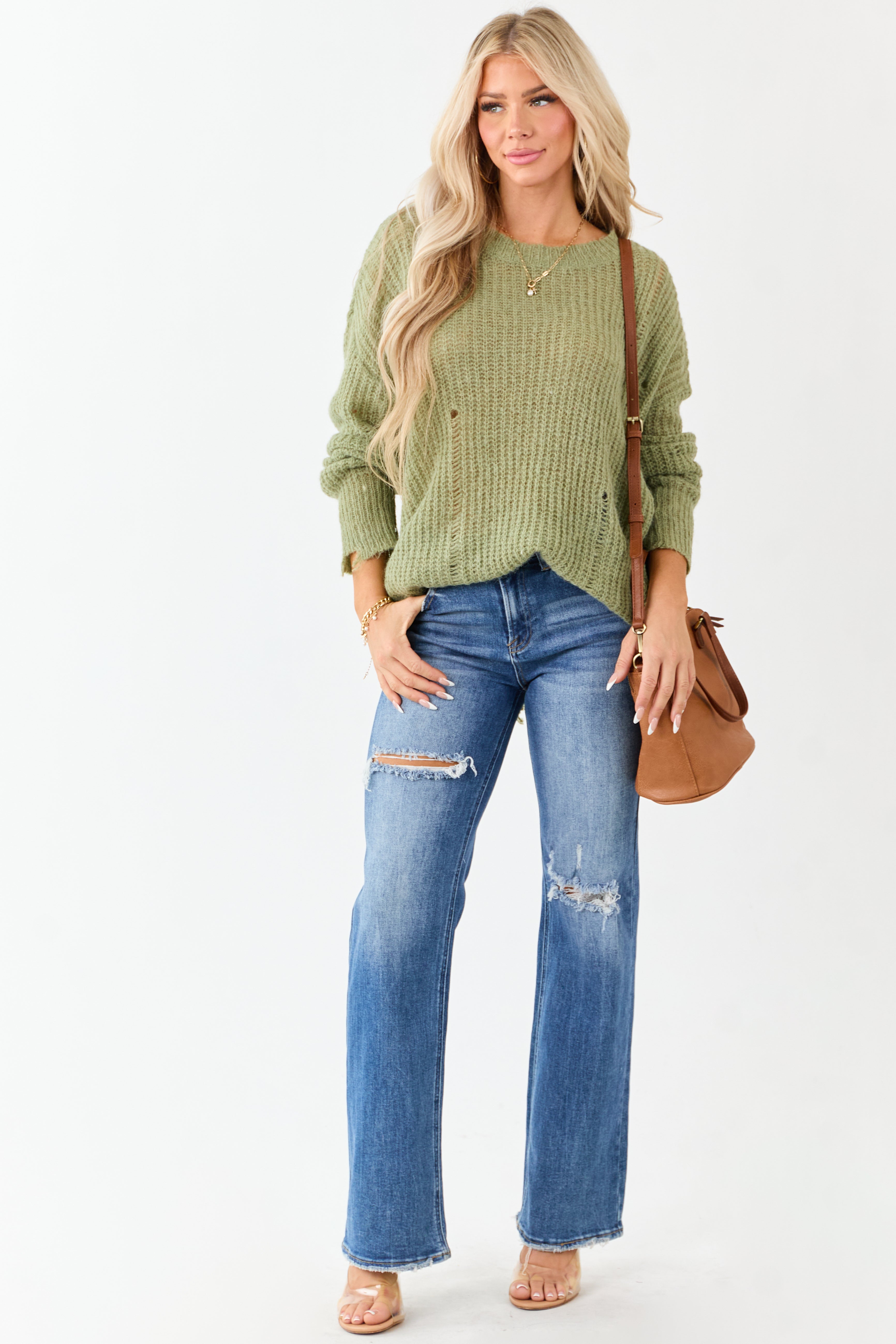 Sage Wool Blend Distressed Ribbed Knit Sweater