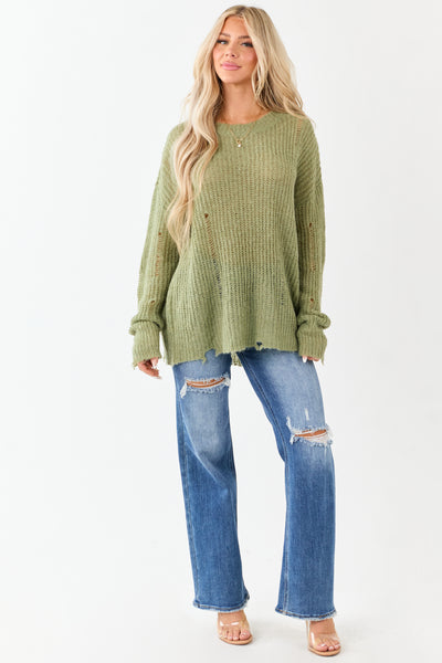 Sage Wool Blend Distressed Ribbed Knit Sweater