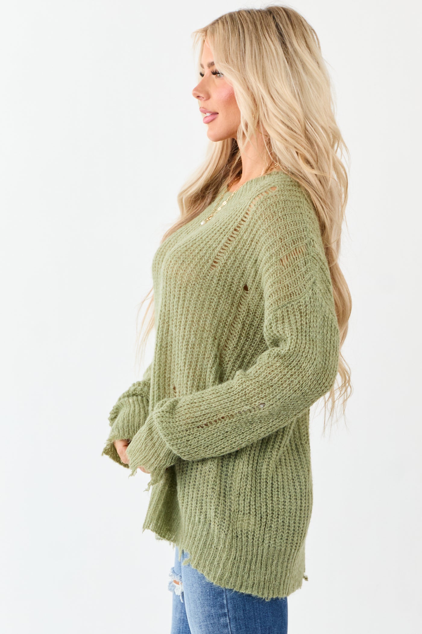 Sage Wool Blend Distressed Ribbed Knit Sweater