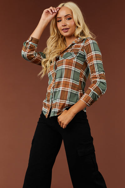 Sage and Camel Plaid Top with Chest Pocket