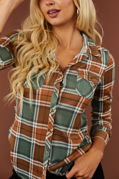 Sage and Camel Plaid Top with Chest Pocket