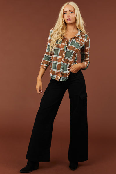 Sage and Camel Plaid Top with Chest Pocket