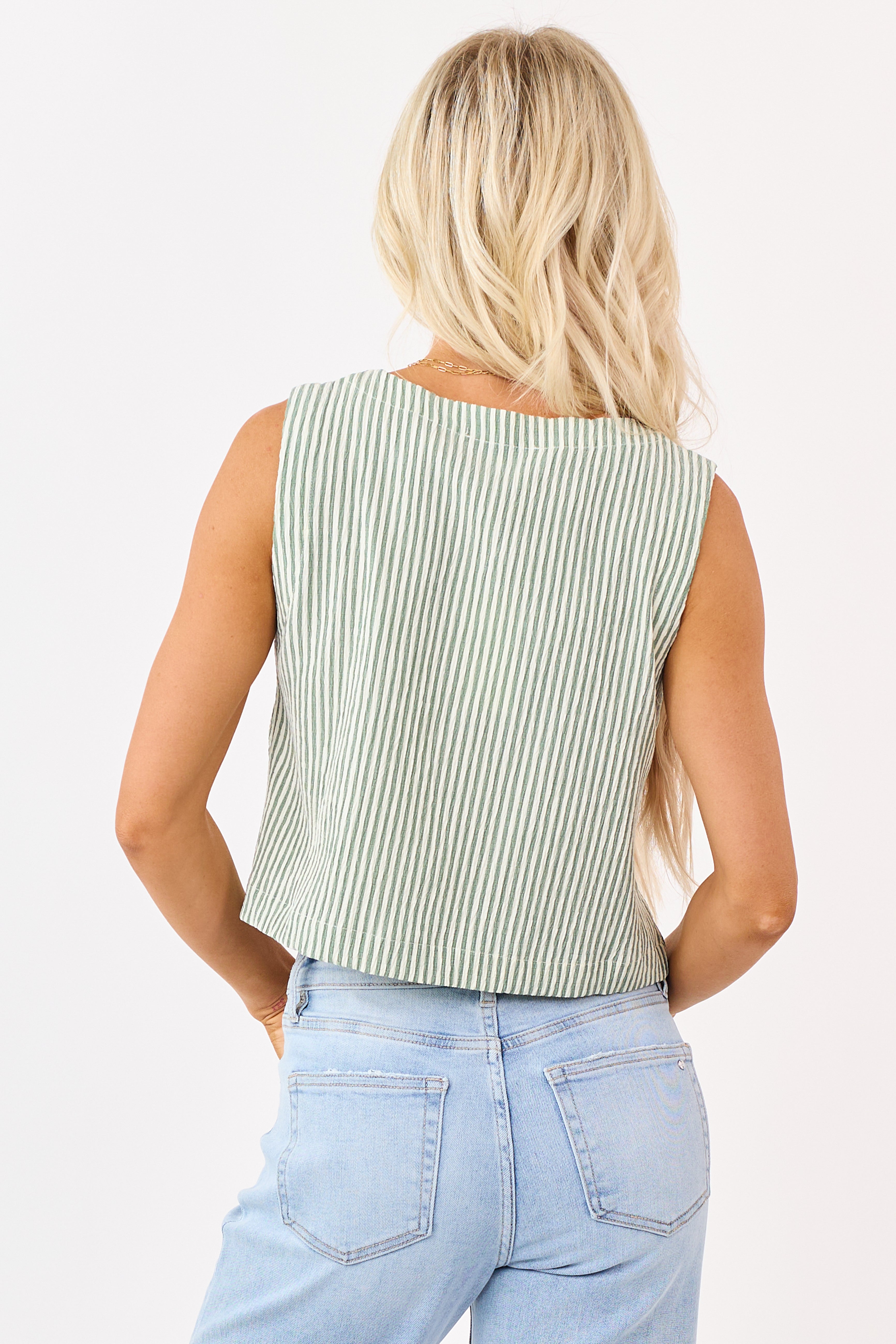 Sage and Cream Striped Button Down Tank Top