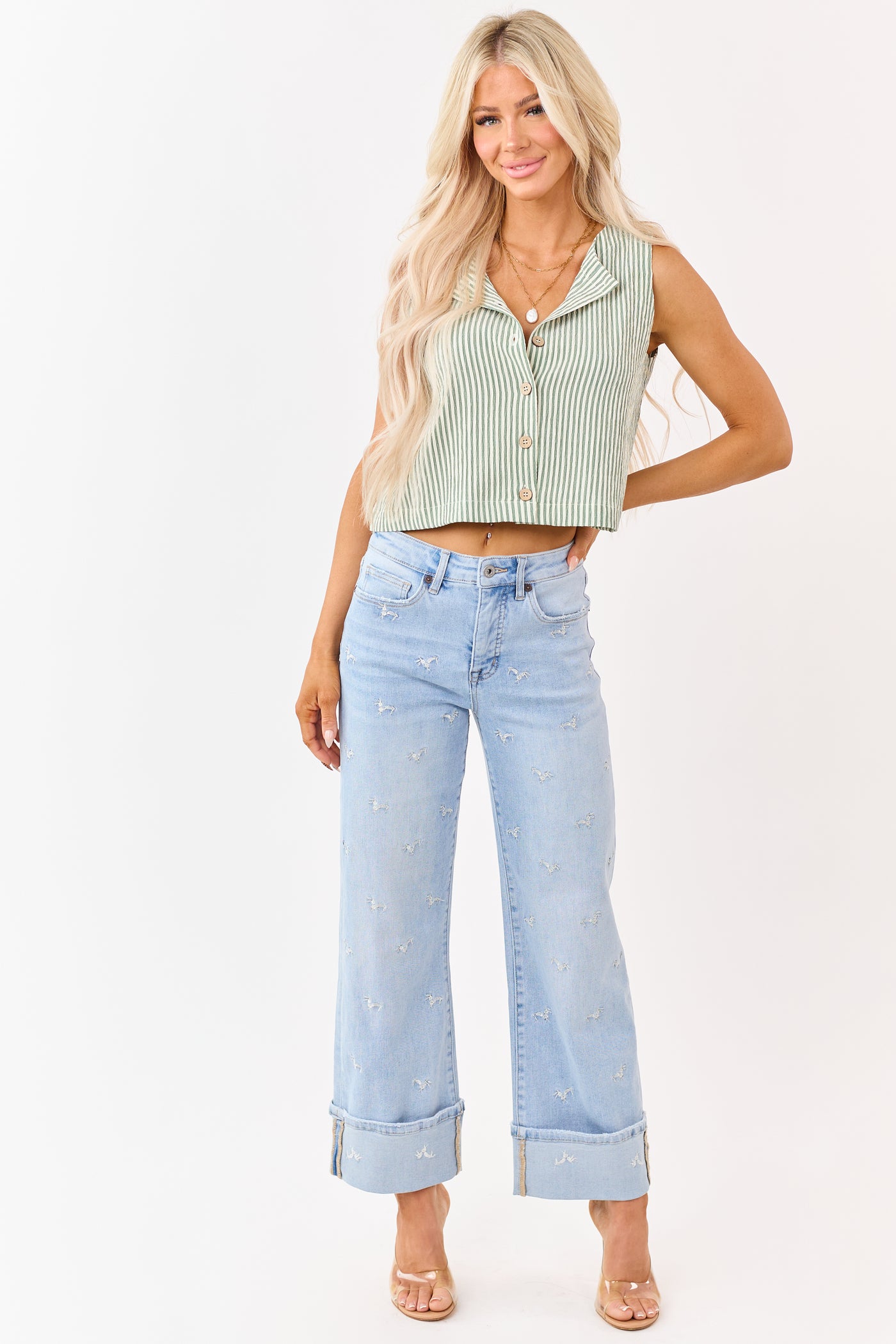 Sage and Cream Striped Button Down Tank Top