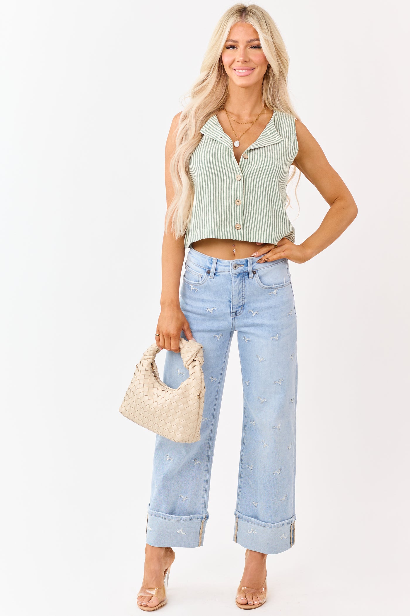Sage and Cream Striped Button Down Tank Top