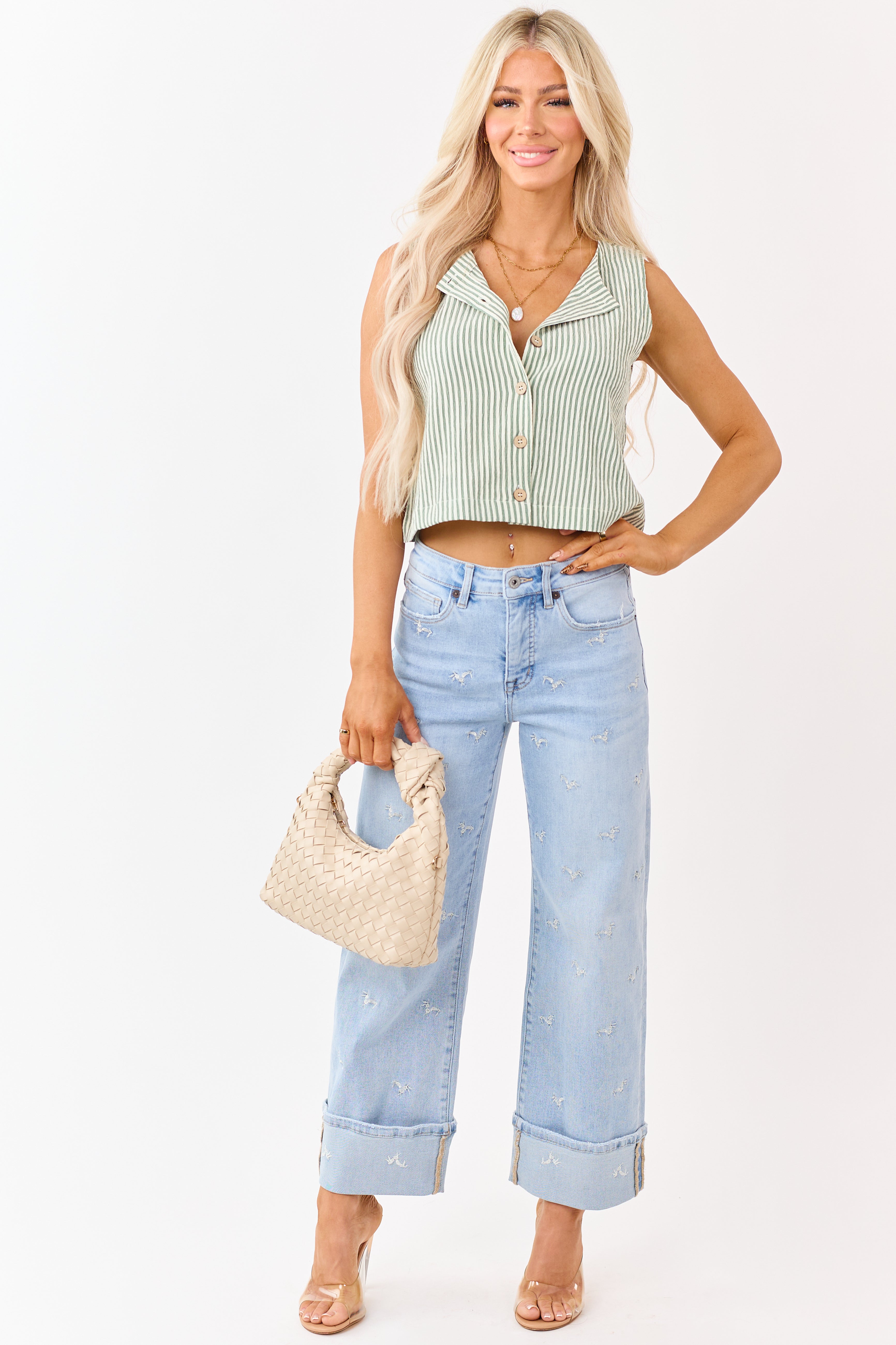 Sage and Cream Striped Button Down Tank Top