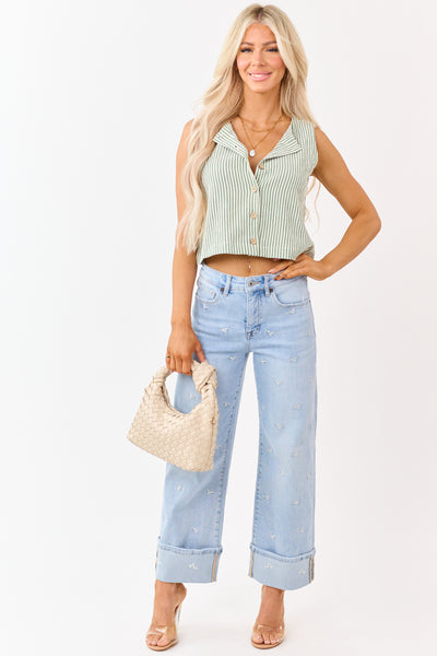 Sage and Cream Striped Button Down Tank Top