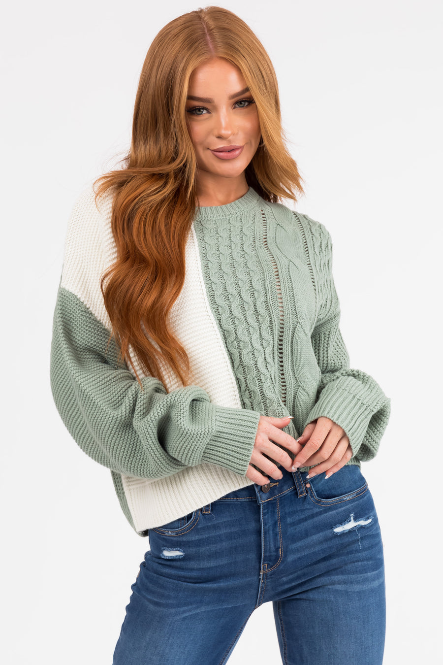 Sage and Ivory Colorblock Cable Knit Sweater