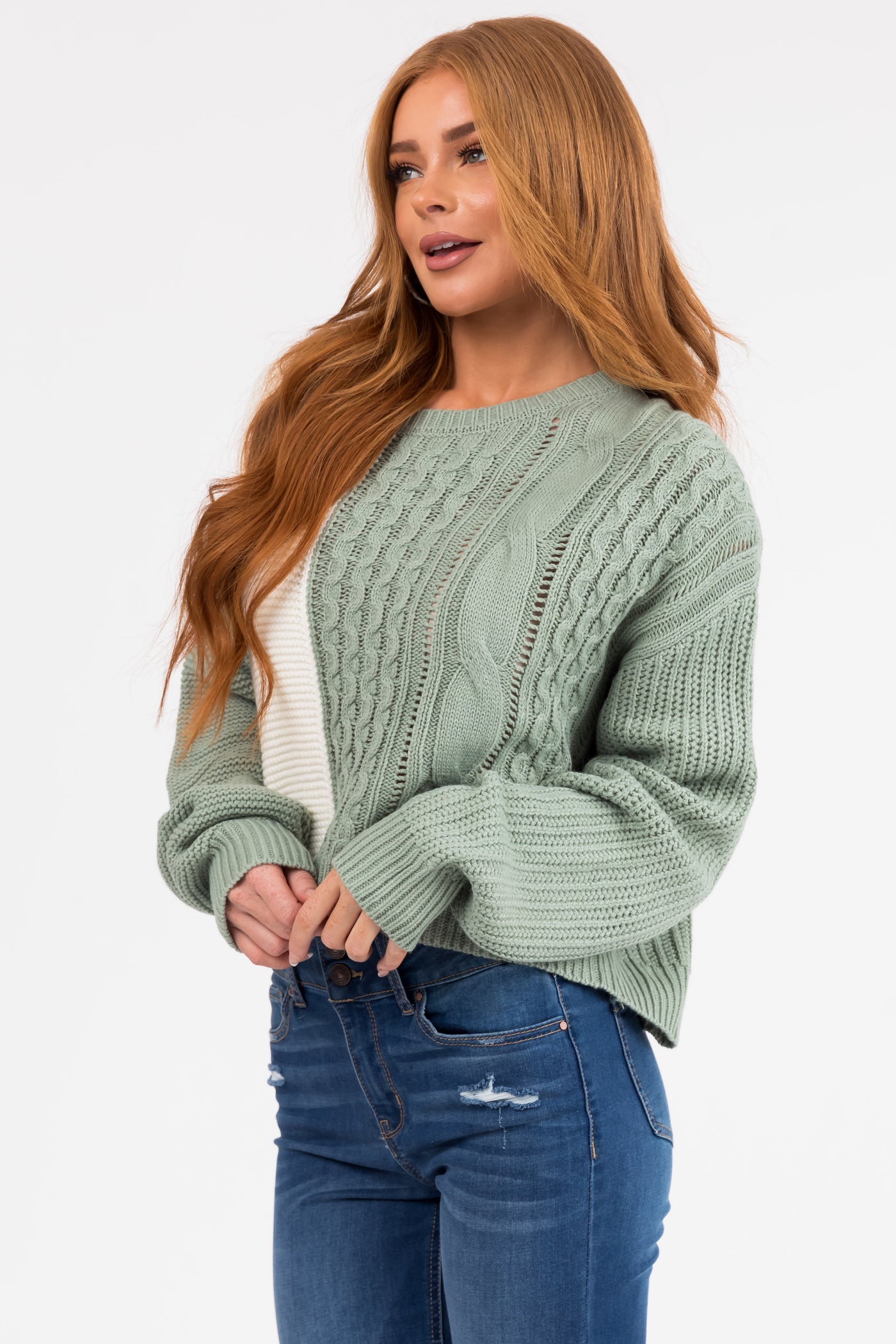Sage and Ivory Colorblock Cable Knit Sweater