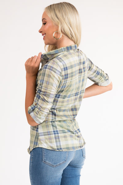 Sage and Navy Plaid Top with Chest Pocket