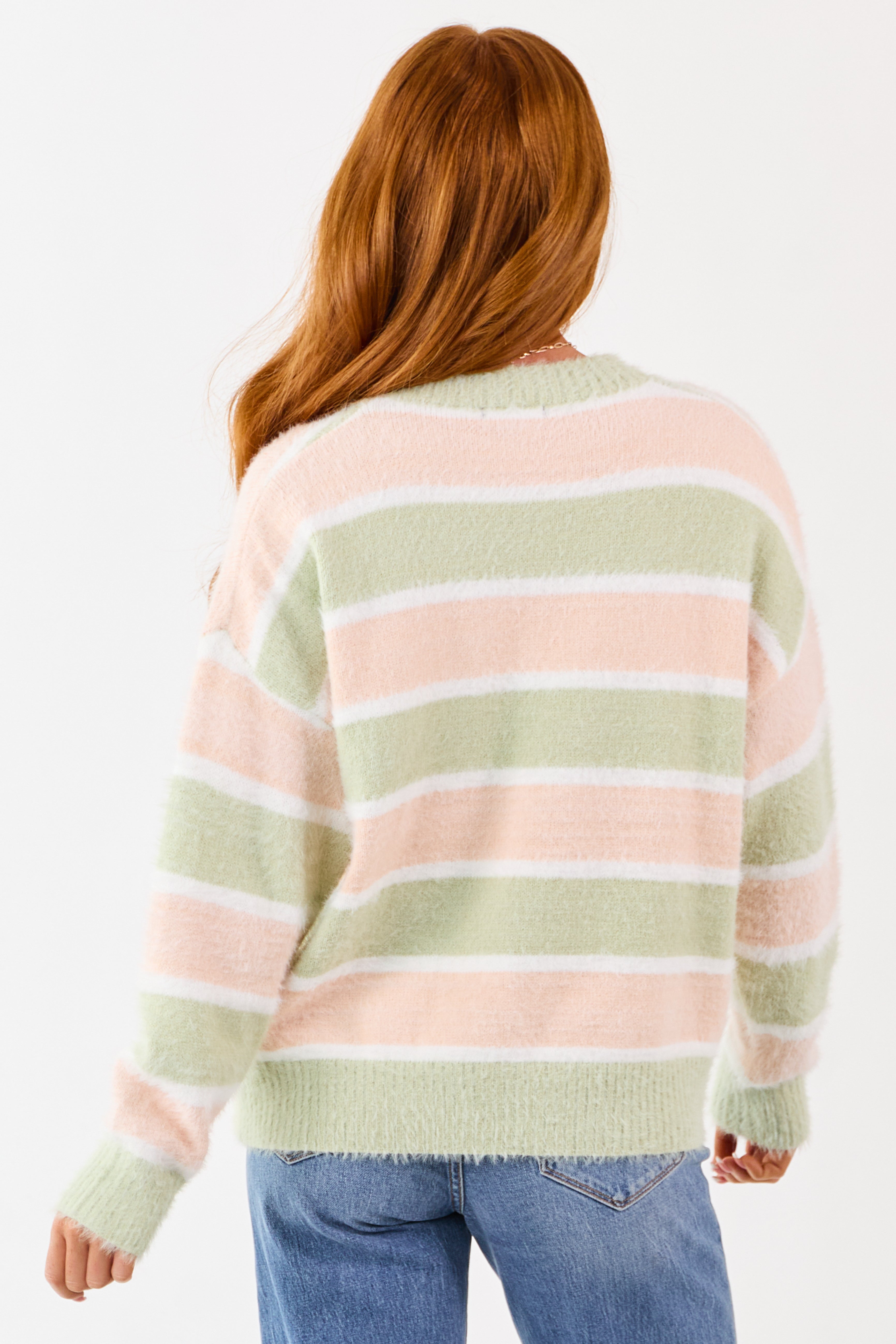 Sage and Tea Rose Striped Soft Fuzzy Knit Sweater