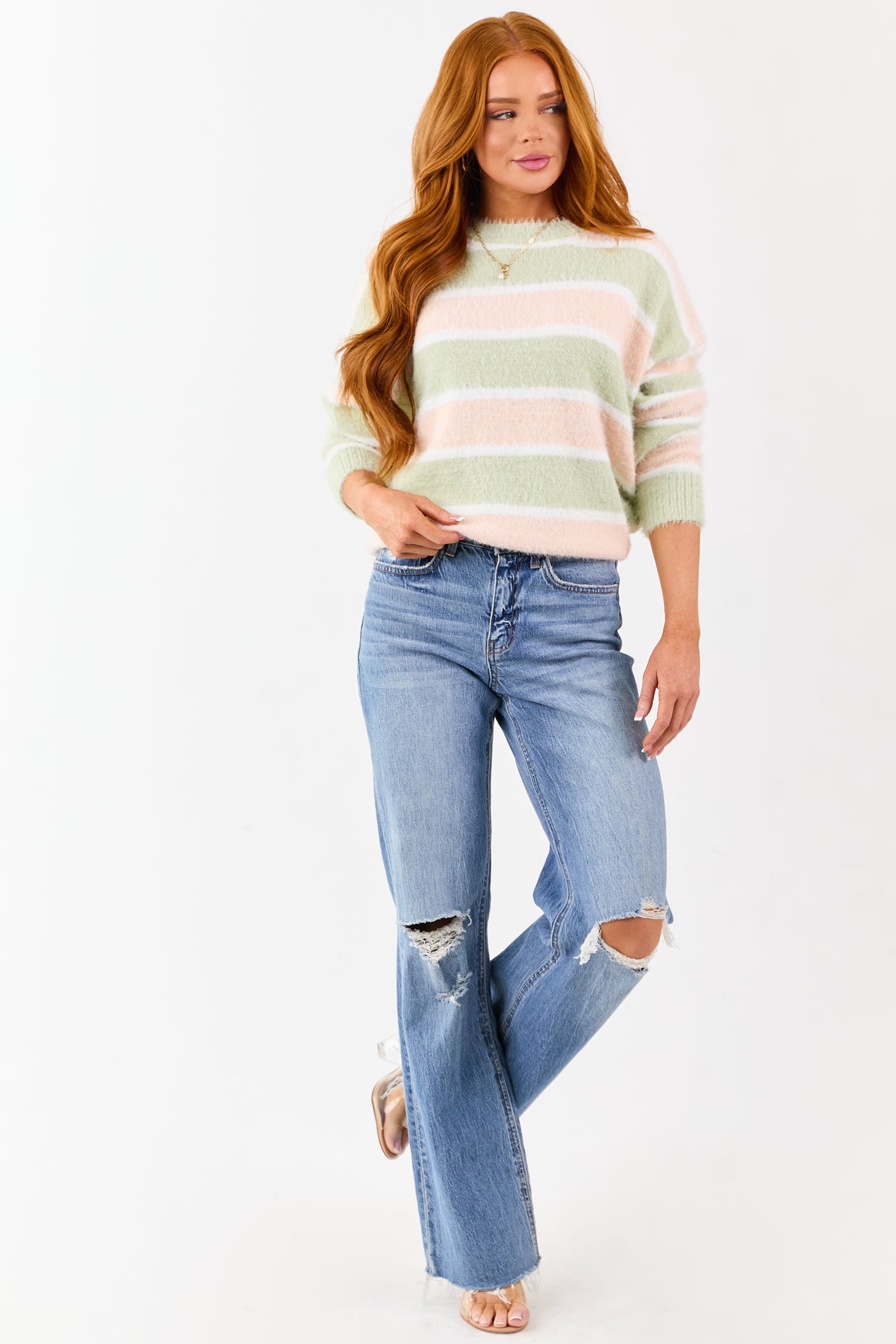 Sage and Tea Rose Striped Soft Fuzzy Knit Sweater