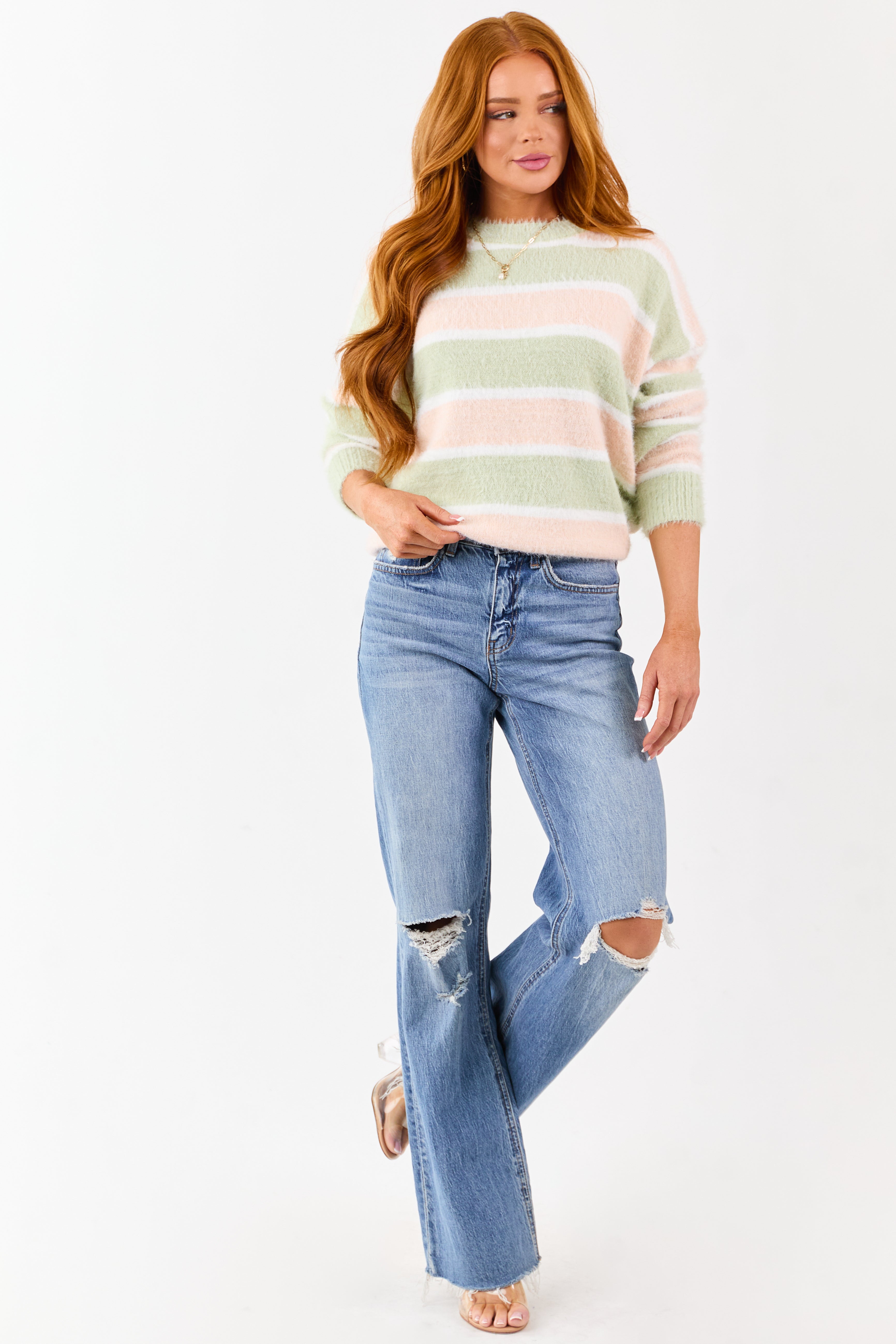 Sage and Tea Rose Striped Soft Fuzzy Knit Sweater