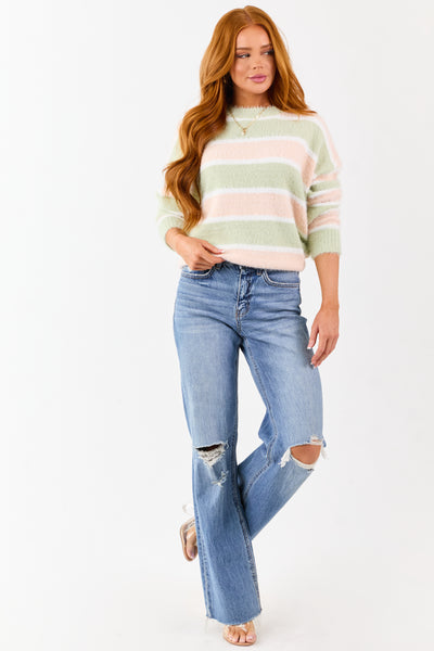 Sage and Tea Rose Striped Soft Fuzzy Knit Sweater
