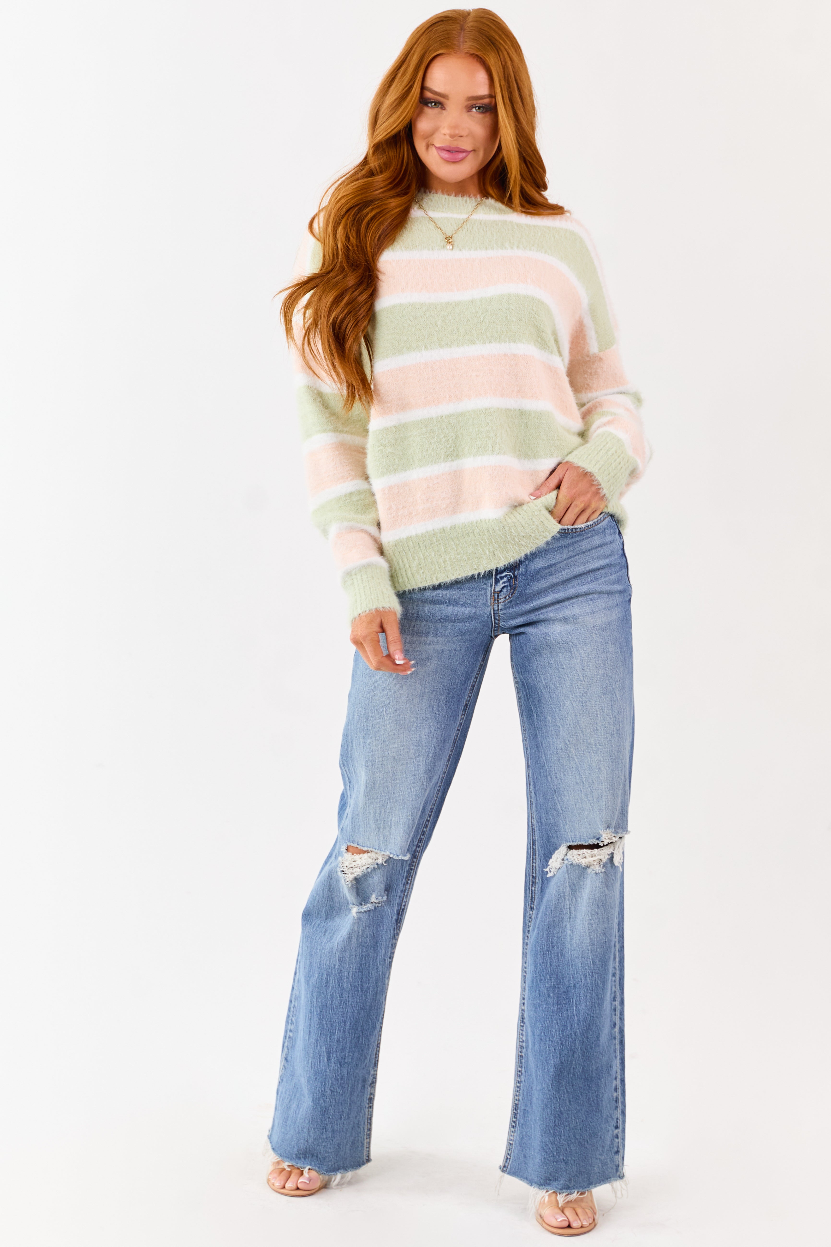Sage and Tea Rose Striped Soft Fuzzy Knit Sweater