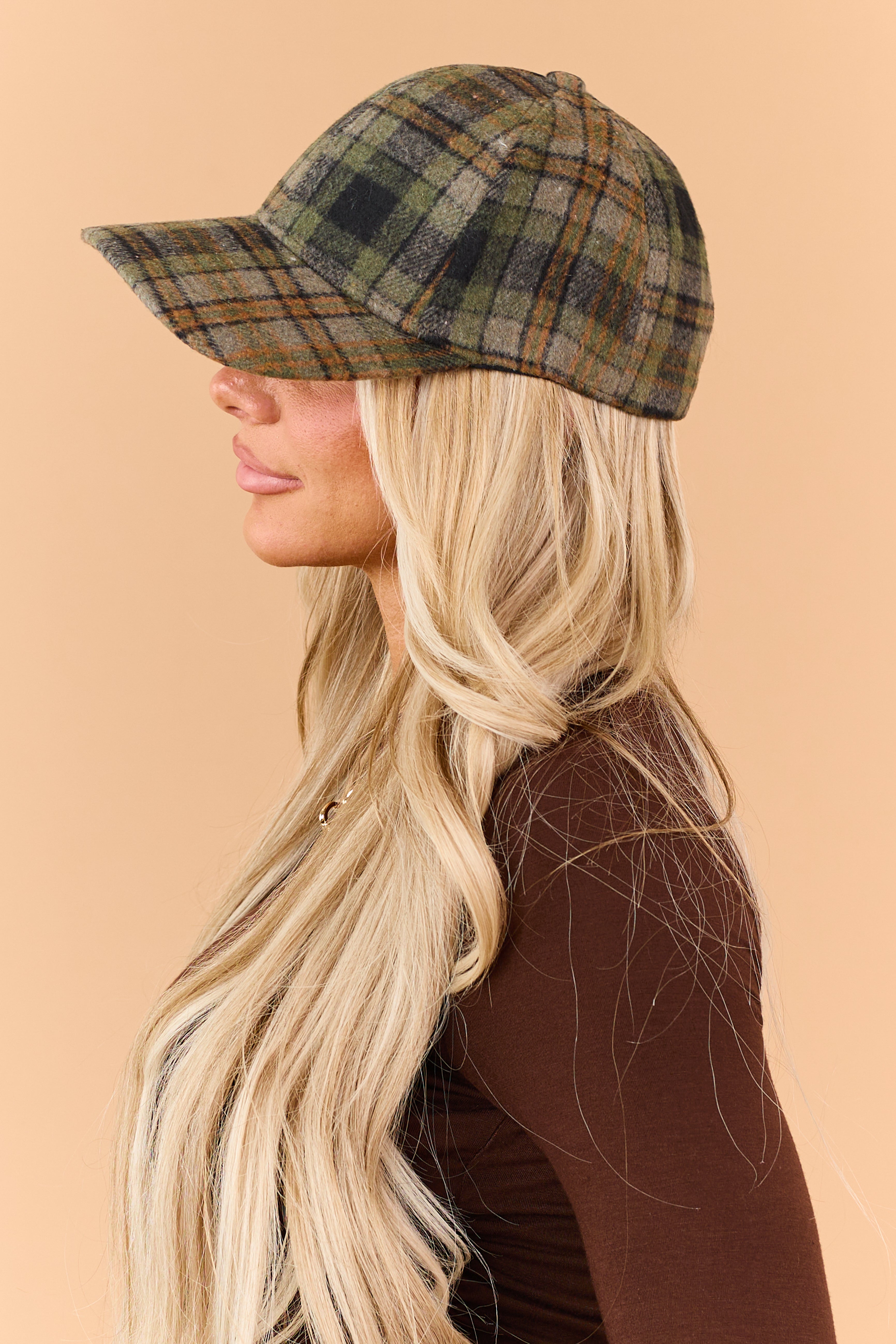 Sage Green Plaid Curved Brim Baseball Cap