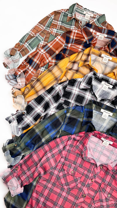 Sage and Camel Plaid Top with Chest Pocket