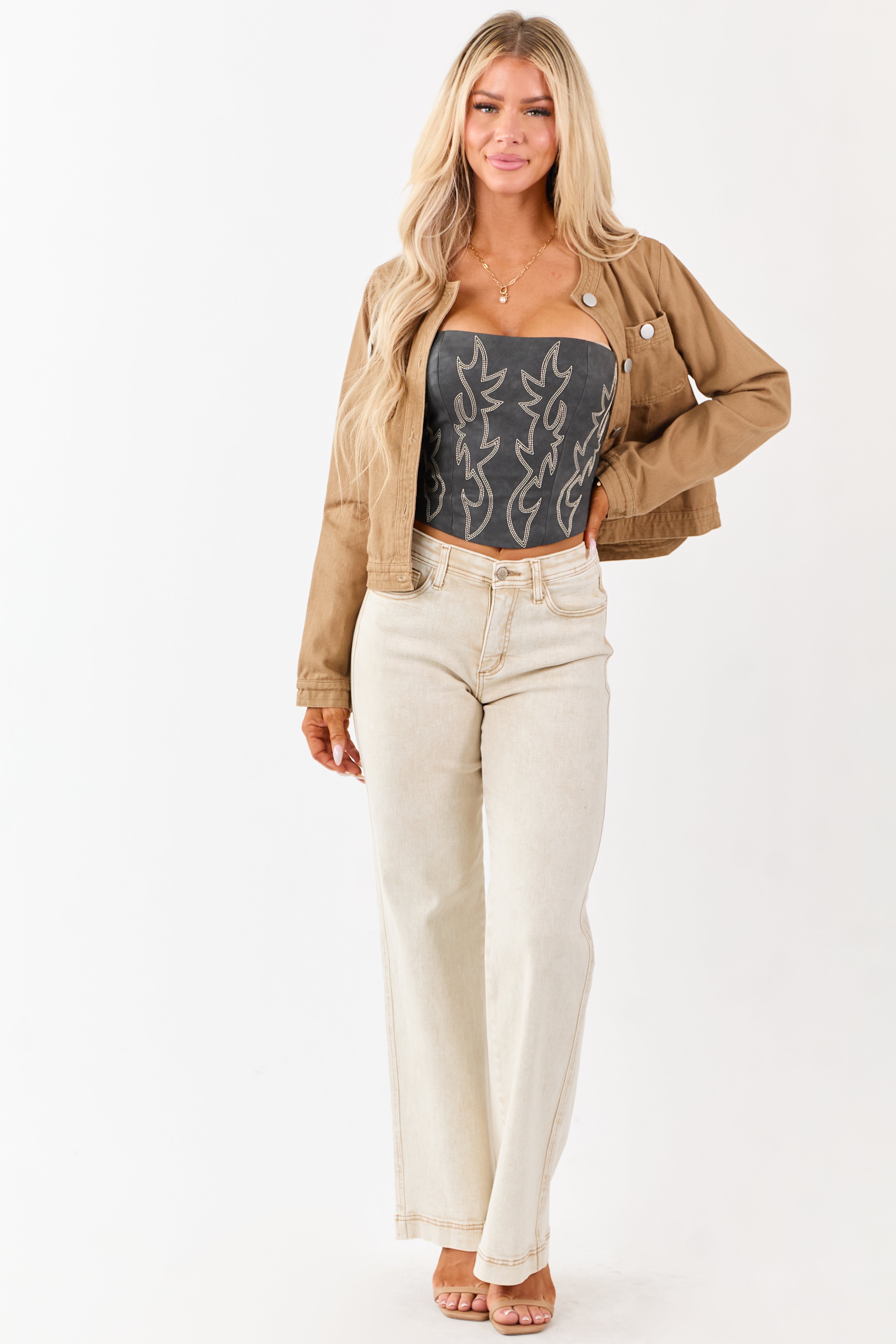 Saige Beige Tummy Control Straight Stretchy Jeans