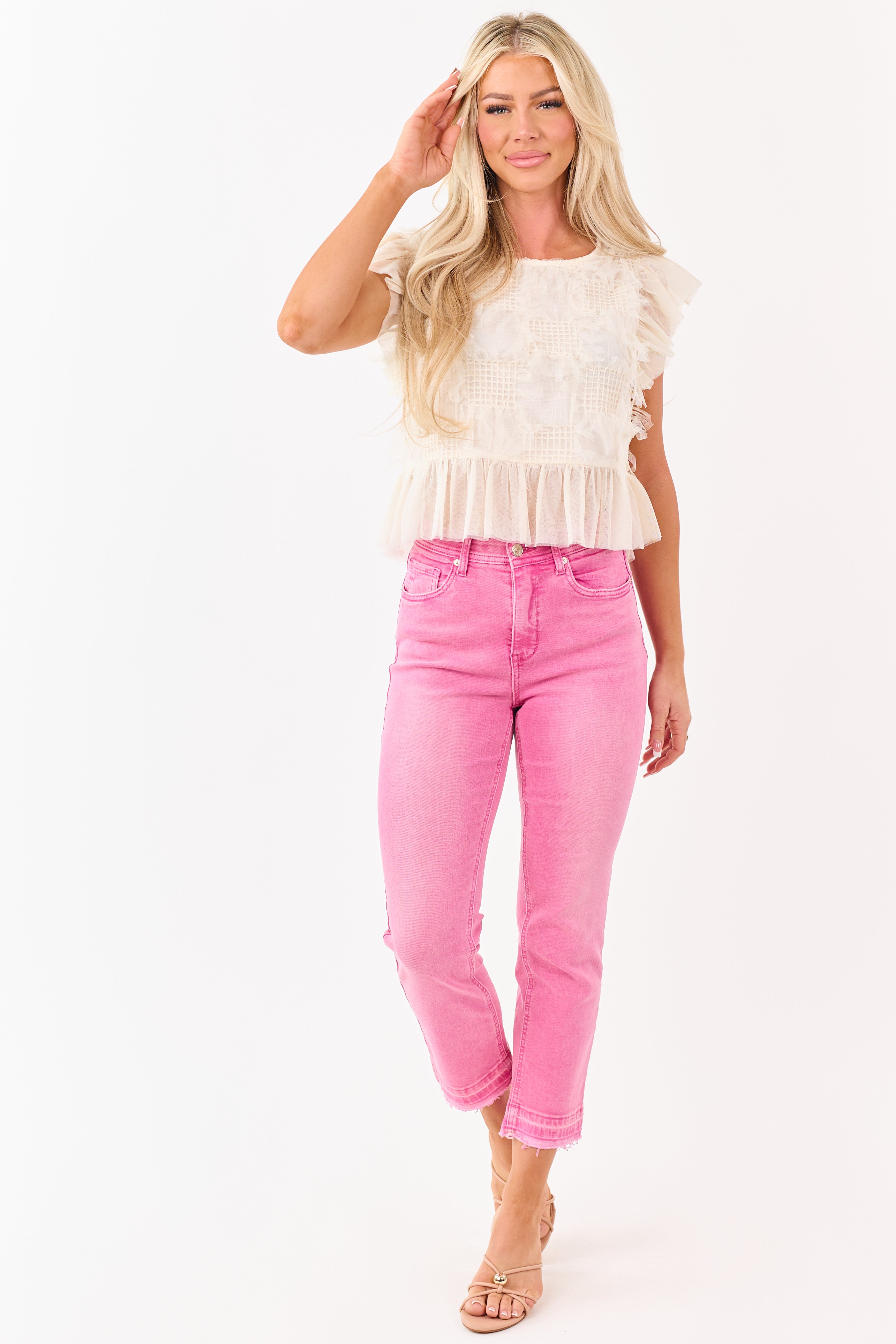 Saige Bubblegum Tummy Control Crop Kick Flare Jeans | Lime Lush
