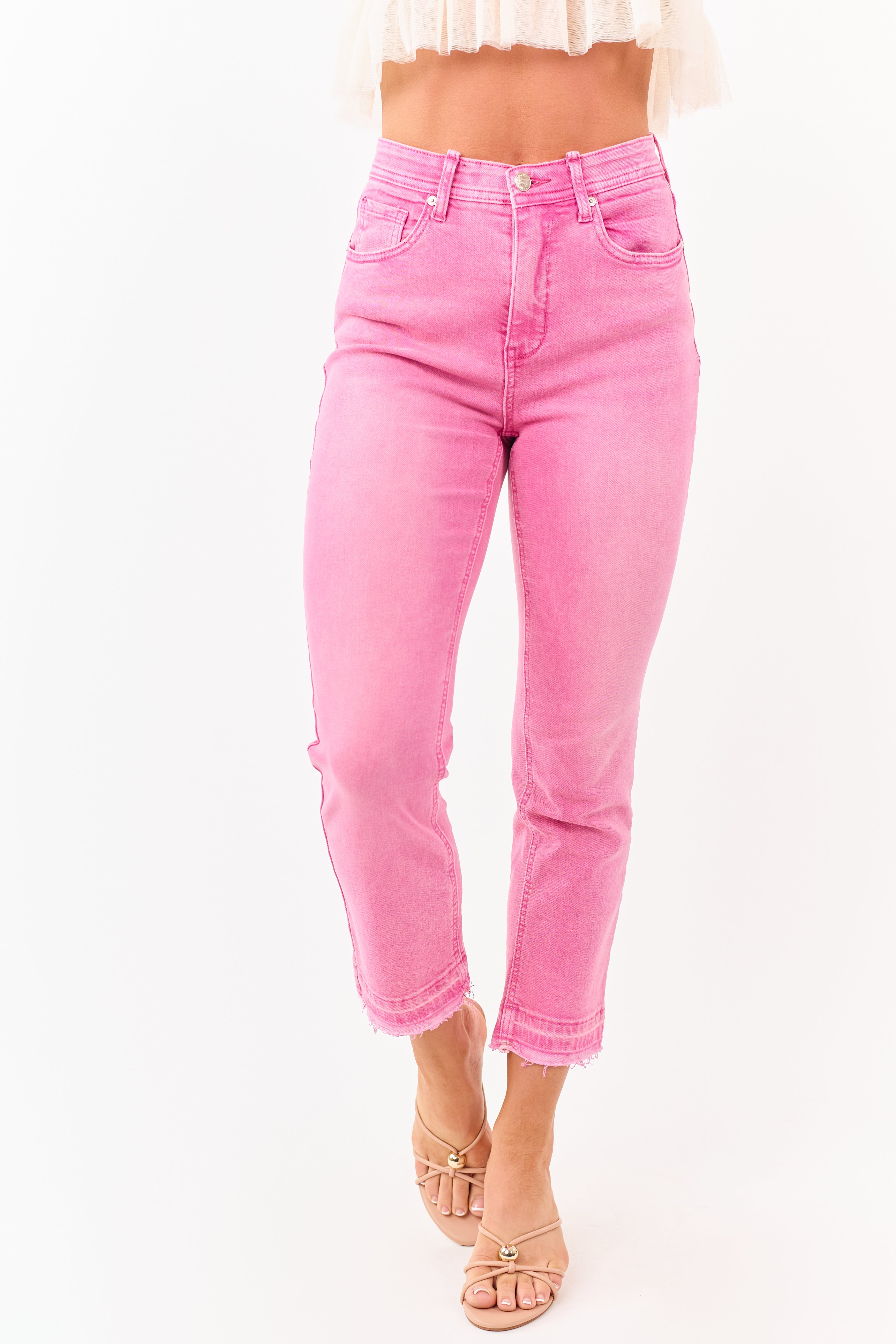 Saige Bubblegum Tummy Control Crop Kick Flare Jeans | Lime Lush