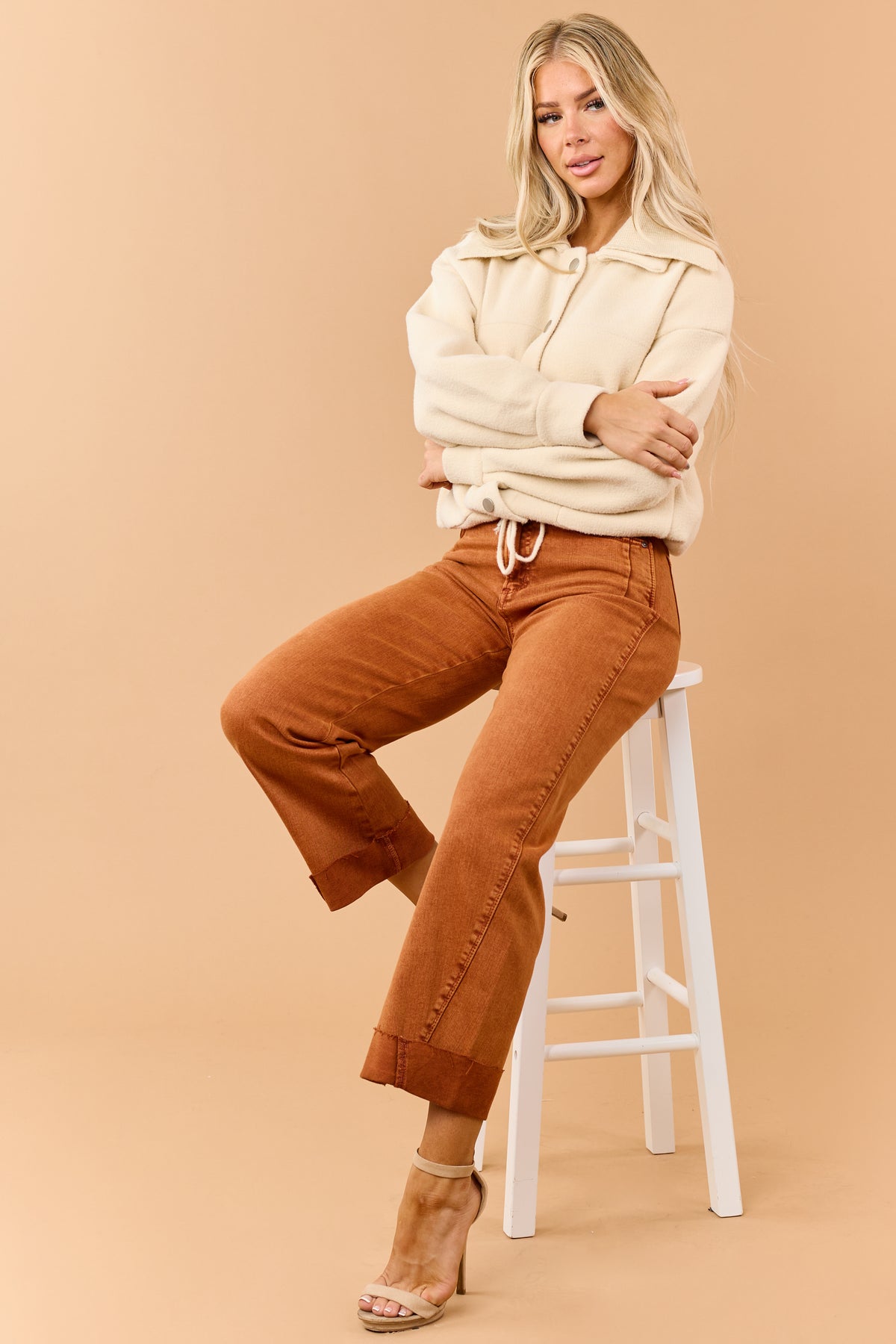 Saige Burnt Orange Tummy Control Cuffed Straight Jeans