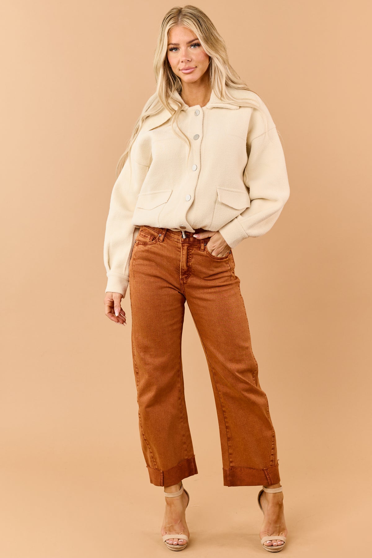 Saige Burnt Orange Tummy Control Cuffed Straight Jeans