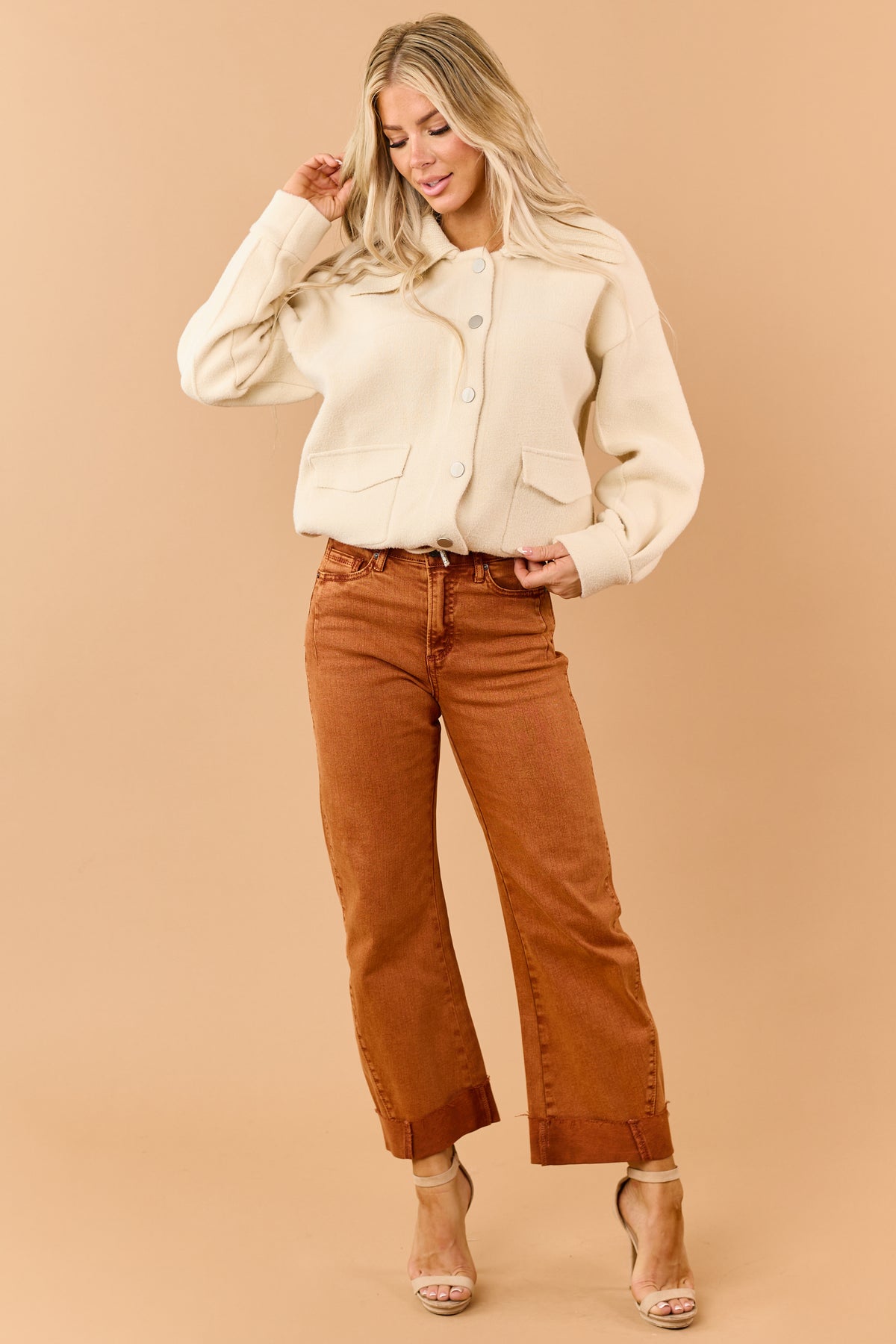 Saige Burnt Orange Tummy Control Cuffed Straight Jeans