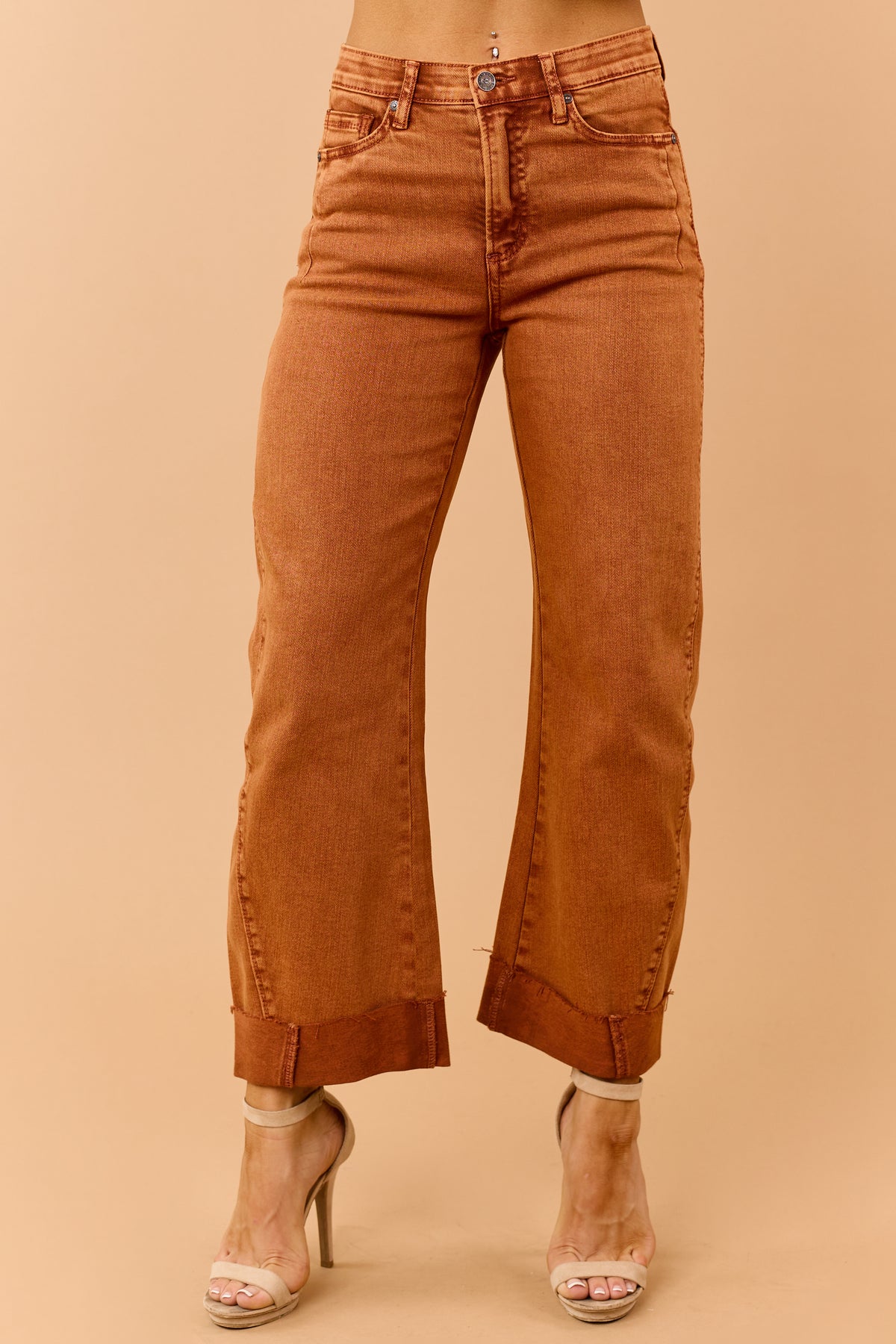 Saige Burnt Orange Tummy Control Cuffed Straight Jeans