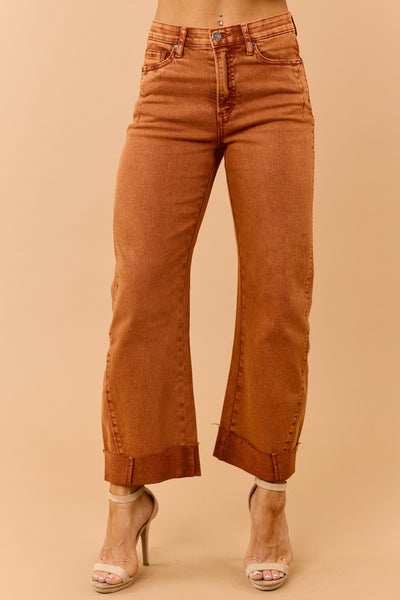 Saige Burnt Orange Tummy Control Cuffed Straight Jeans