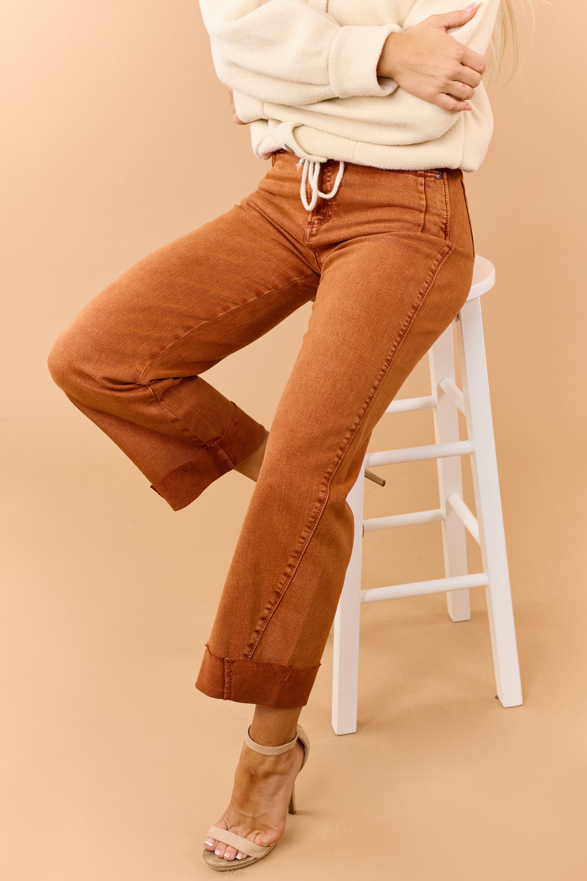 Saige Burnt Orange Tummy Control Cuffed Straight Jeans