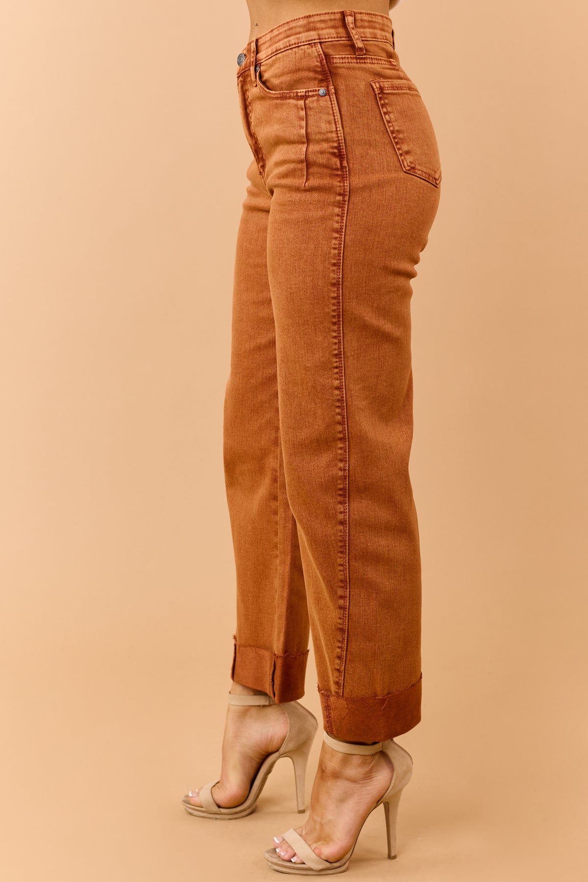 Saige Burnt Orange Tummy Control Cuffed Straight Jeans