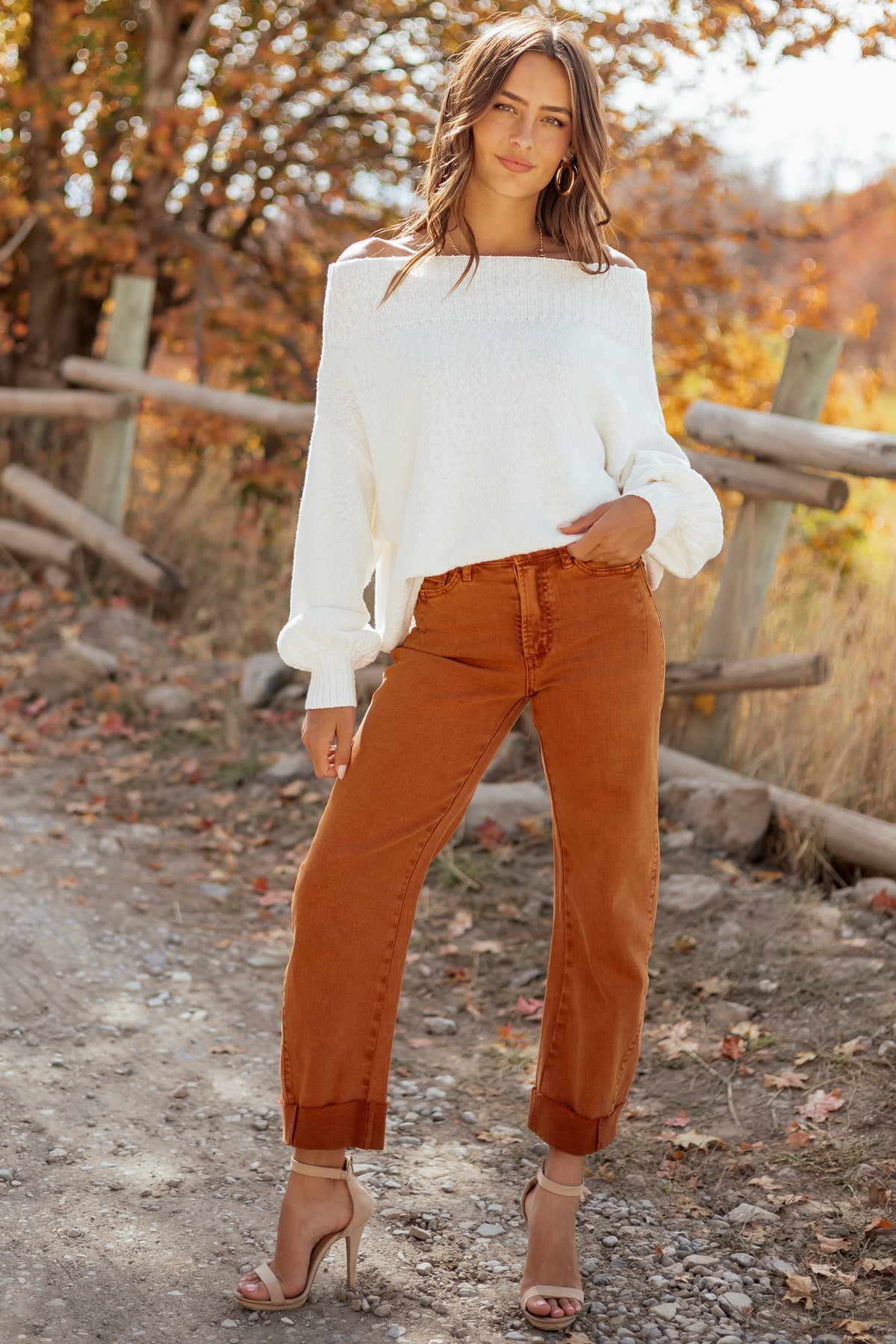 Saige Burnt Orange Tummy Control Cuffed Straight Jeans